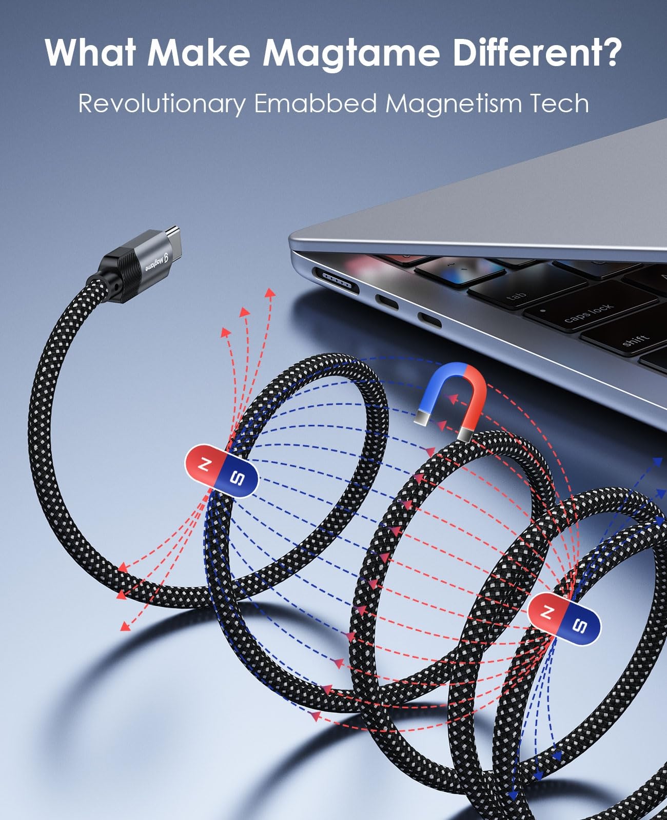 Magtame 5ft Magnetic USB C to USB C Cable - 60W Fast Charging (3A) | Nylon Braided Type C Charger for iPhone 15 Pro Max/Plus, Samsung Galaxy S23/S22, iPad & MacBook | Original Patent Design | Perfect for Travel, Office & Home Charging