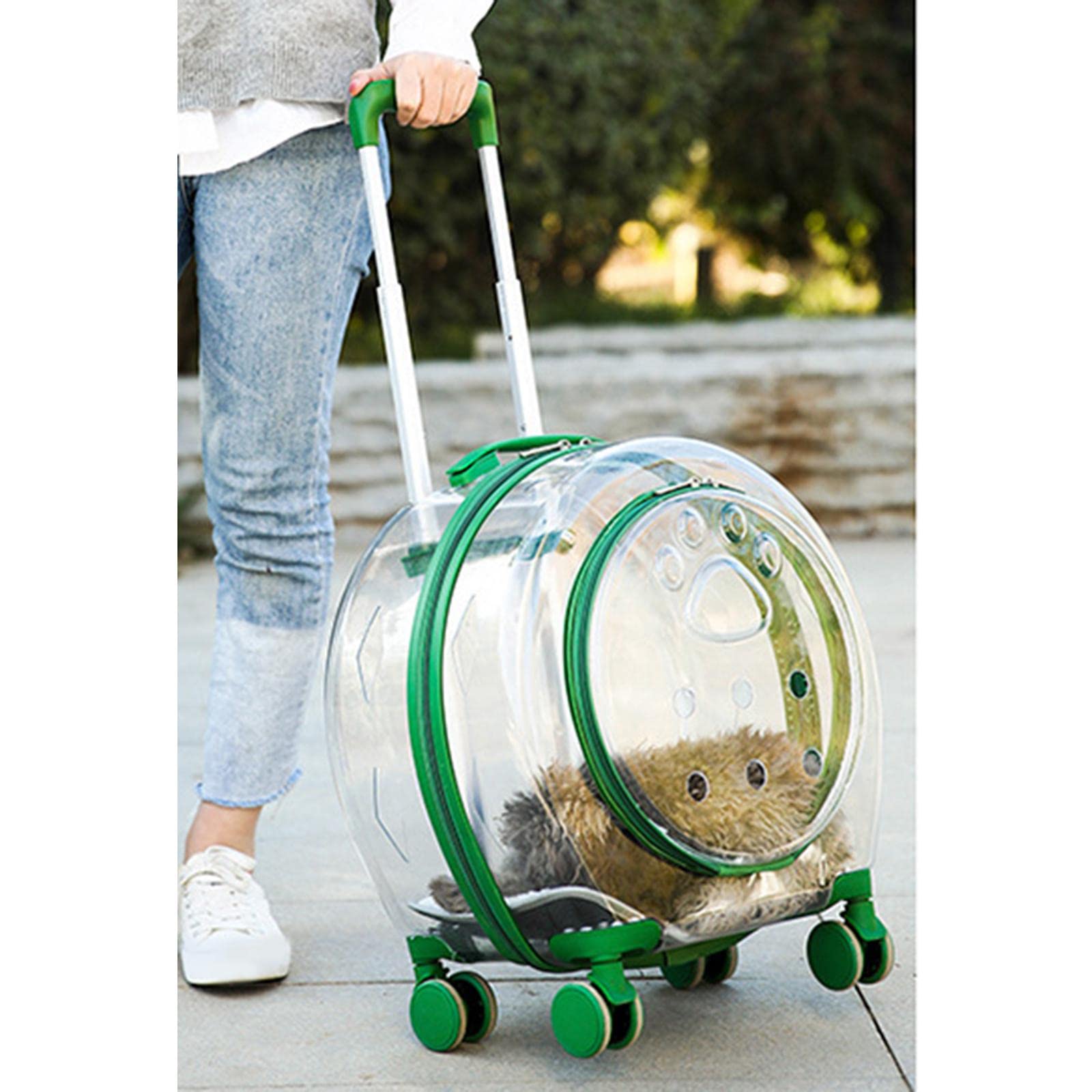 Enakshi Clear Rolling Pet Carrier for Cats & Dogs - Travel Tote with Wheels, Hiking Trolley Case in Green | Portable Pet Supplies for Airplane, Car, Vet Visits & Outdoor Adventures