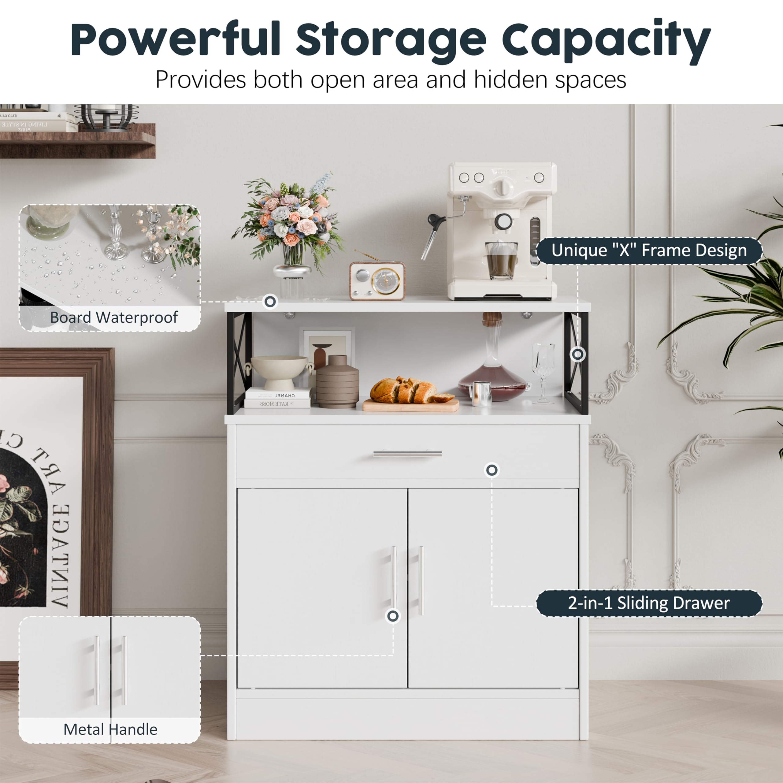 SUNLEI White Farmhouse Kitchen Buffet Cabinet with 2 Doors, 1 Drawer & Adjustable Shelves - Storage Sideboard for Dining Room, Living Room & Laundry - Perfect for Coffee Bar Setup & Home Organization