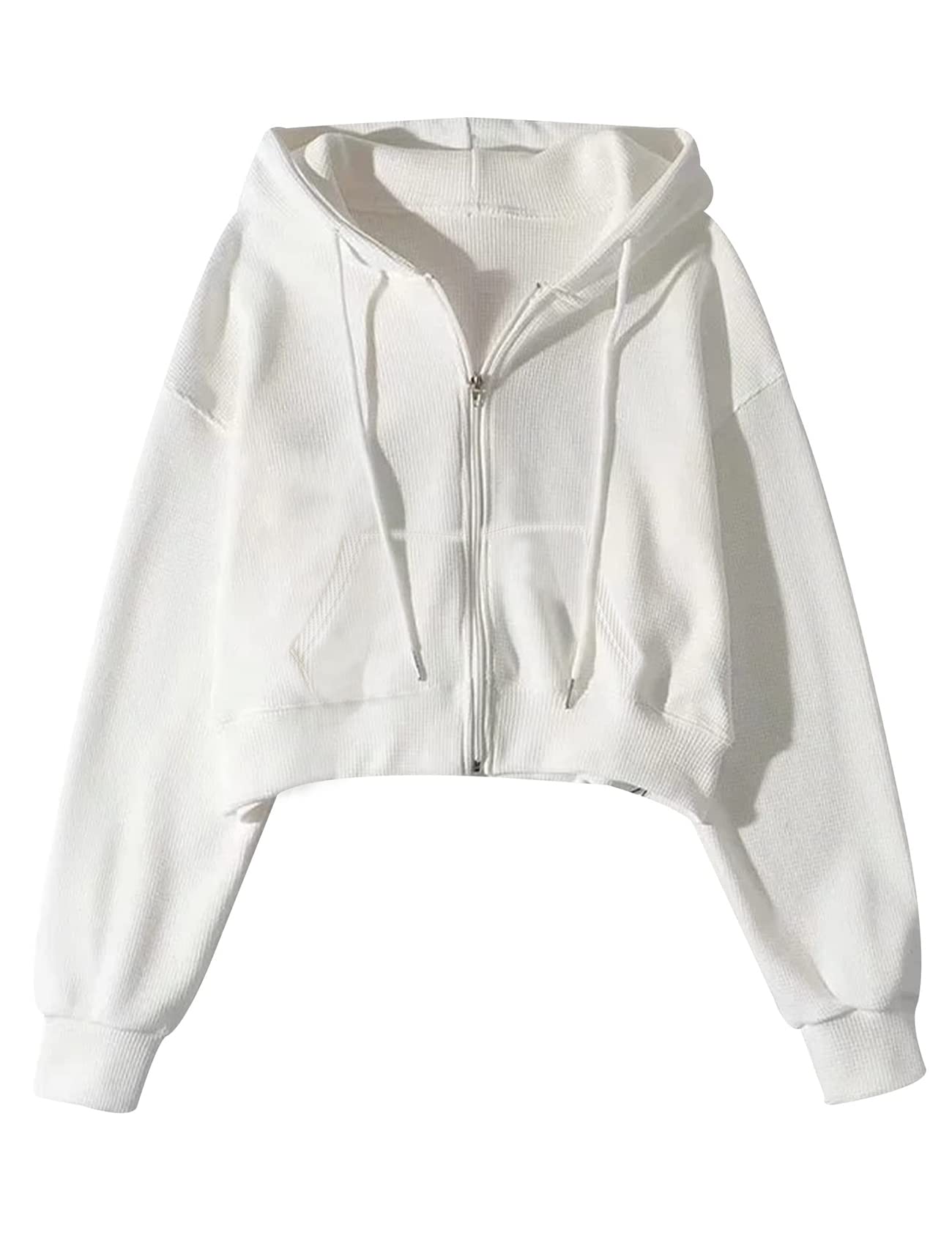 Yimoon Women's Cropped Zip Up Hoodie - Vintage Waffle Knit Sweatshirt with Pockets, Long Sleeve Casual Jacket for Streetwear & Loungewear