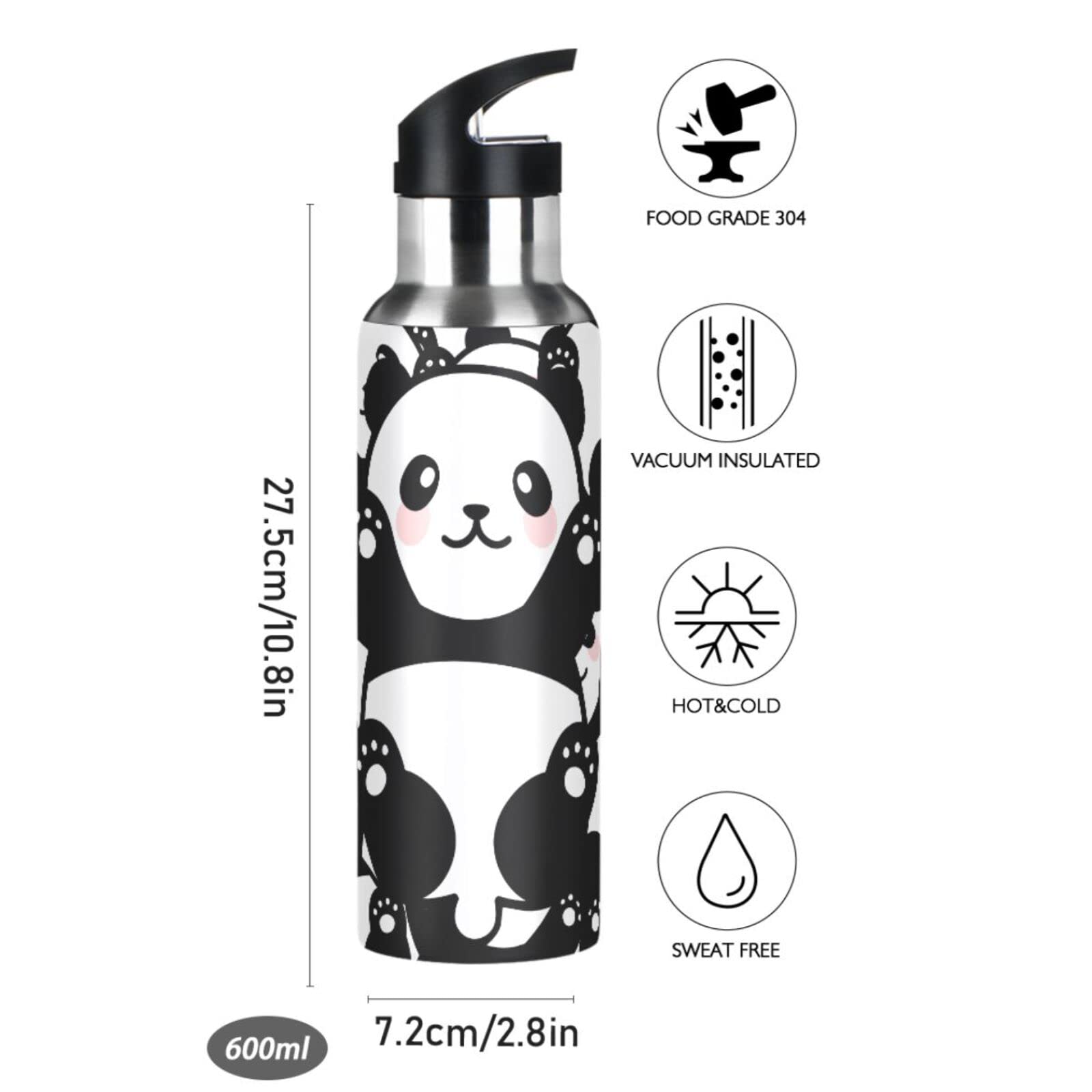 Insulated Stainless Steel Panda Water Bottle for Kids - 20oz Leakproof Cute Animal Print Flask with Straw Lid | Perfect for School, Travel & Outdoor Activities