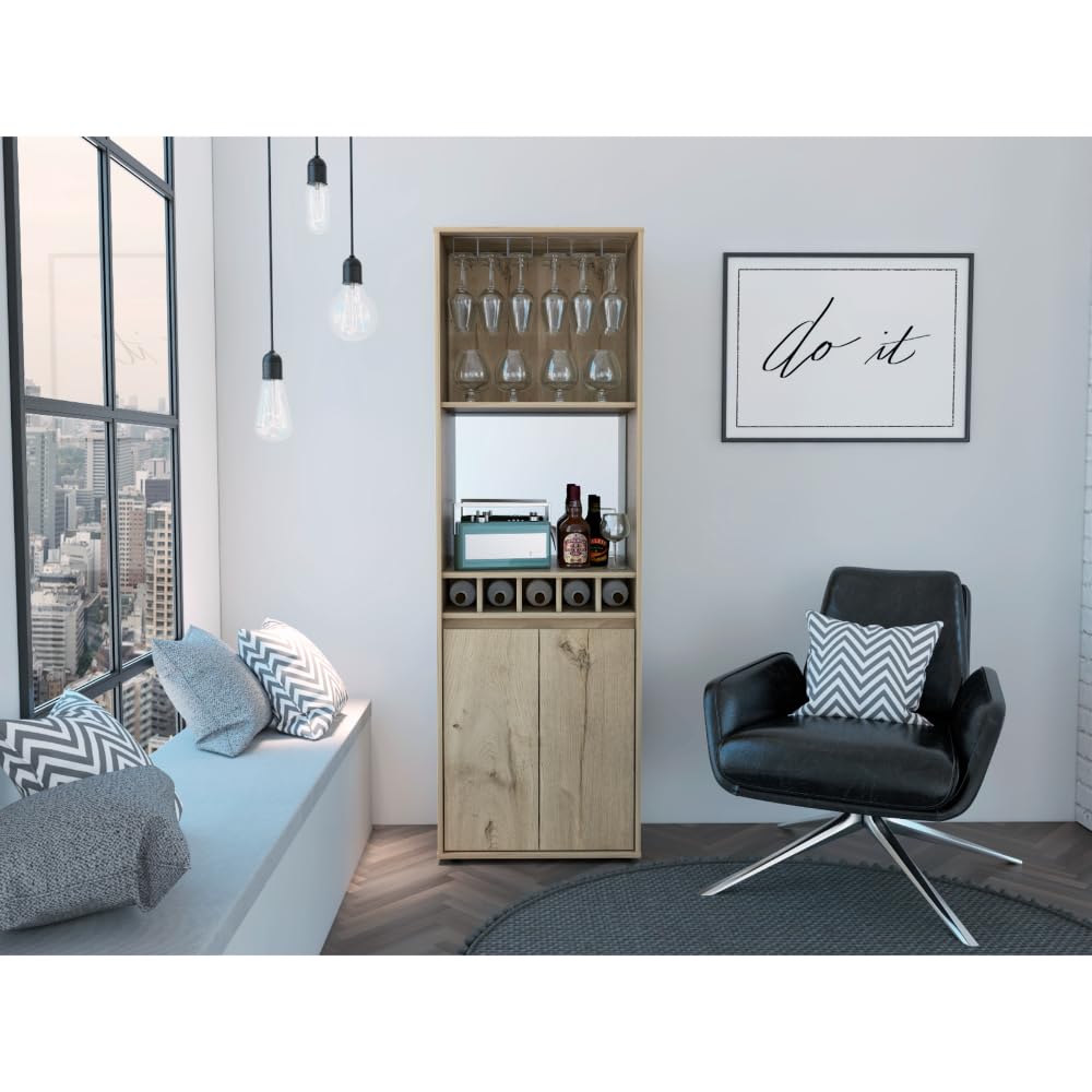 Tuhome Prana Bar Cabinet with 2 Shelves & 5-Bottle Wine Rack - Light Oak Double Door Storage for Living Room, Dining Room or Home Bar
