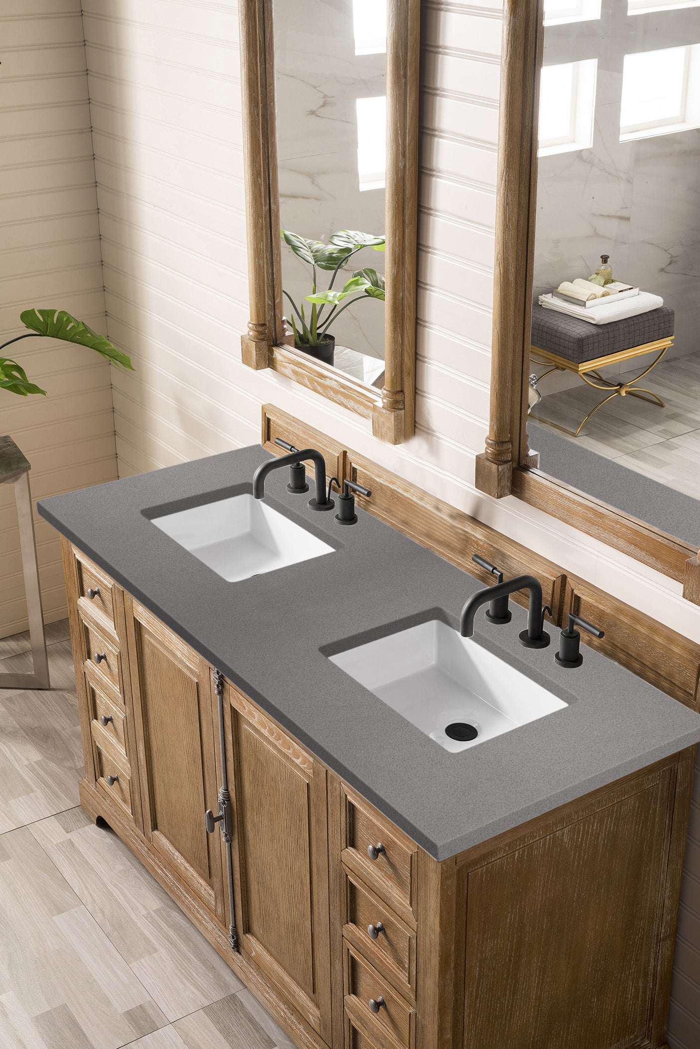 Providence 60-Inch Double Vanity Cabinet with Driftwood Finish & 3CM Grey Expo Quartz Top - Perfect for Master Bathroom Remodeling & Modern Home Decor