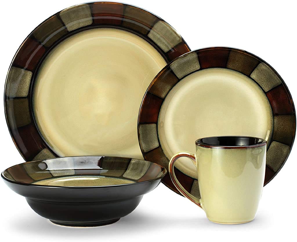 Pfaltzgraff Taos 16-Piece Stoneware Dinnerware Set for 4, Beige & Olive - Elegant Dinner Plates, Bowls & Mugs - Perfect for Family Dinners, Entertaining Guests & Everyday Use