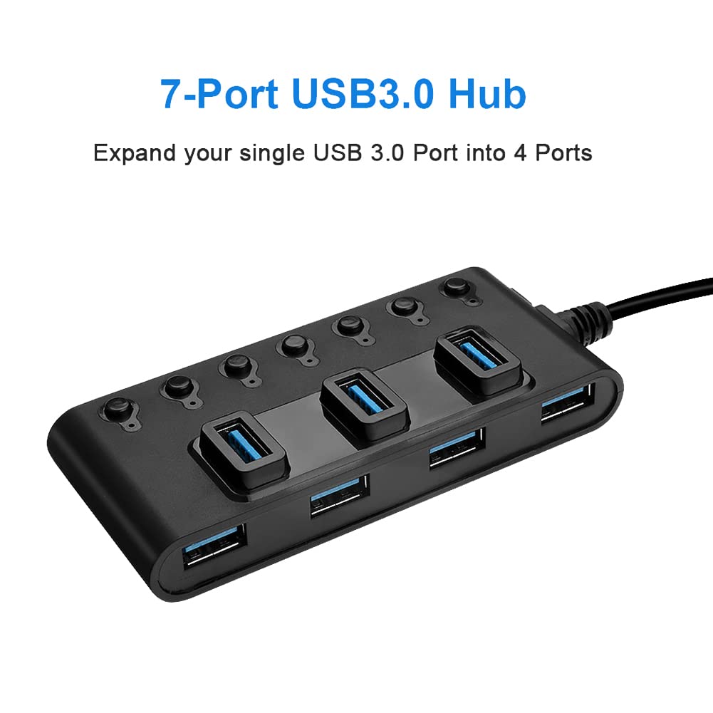 Vervmczn 7-Port USB 3.0 Hub Adapter with Individual Switches - High-Speed Portable USB Splitter for Laptop, PC, and Computer - Ideal for Home Office, Gaming, and Multi-Device Charging