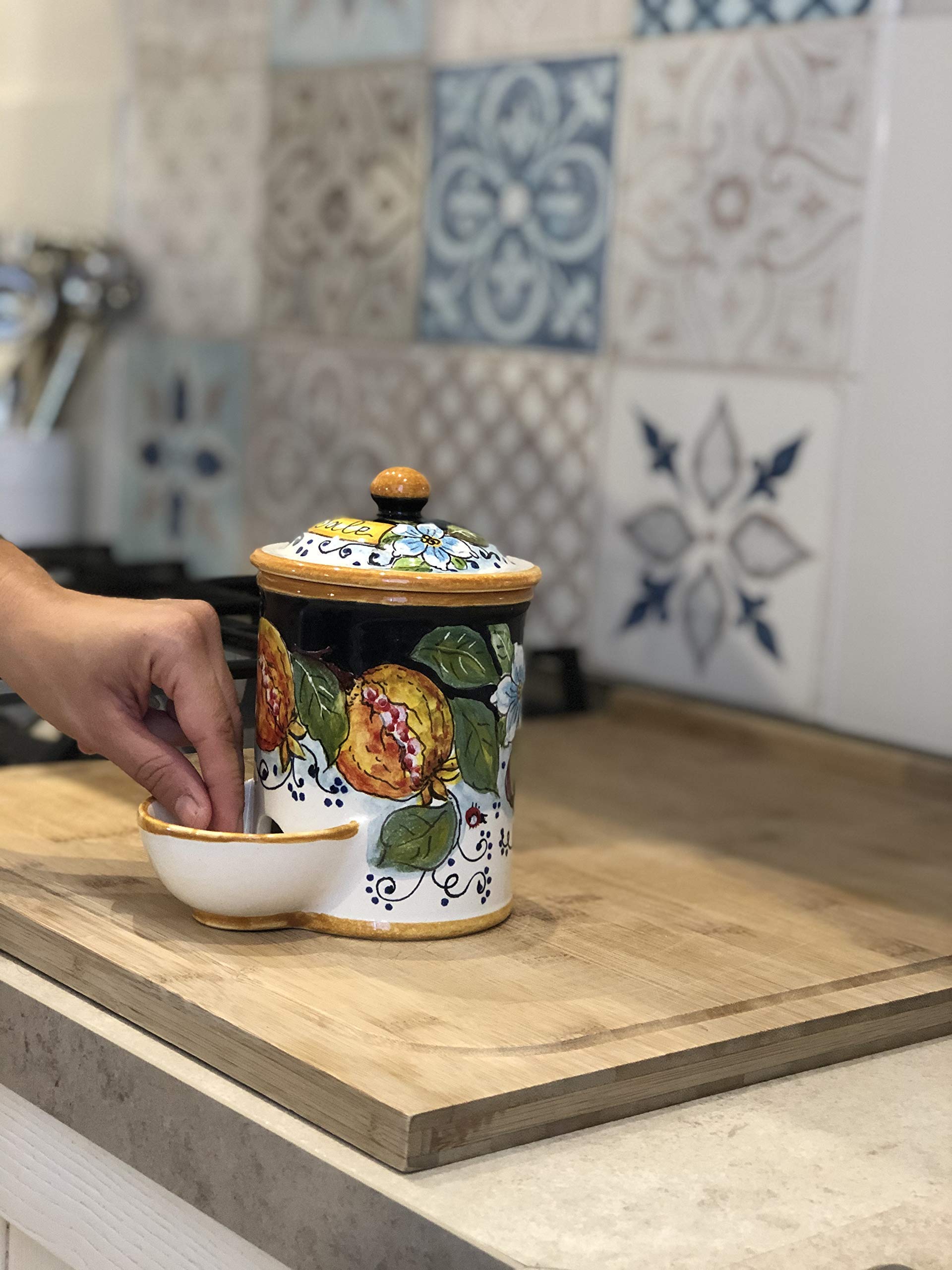 Hand-Painted Italian Ceramic Jar - Tuscan Salt Holder with Fruit Decoration | Authentic Florence Pottery from Italy | Perfect for Kitchen Decor & Gift Giving