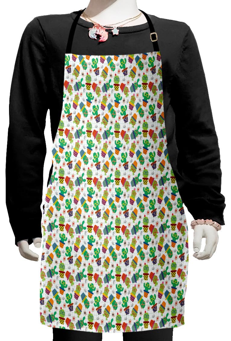 Ambesonne Adjustable Cactus Apron for Baking & Painting - Colorful Succulent Design, Small Bib with Ties - Perfect for Kitchen, BBQ, Art Classes & DIY Crafts