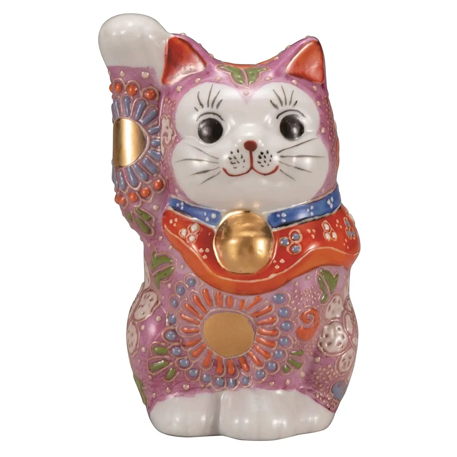 Authentic Japanese Kutani Ware Porcelain Maneki Neko Lucky Cat Figurine - Pink Flower Design, 4 Inches | Home Decor, Office Feng Shui, Gift for Cat Lovers