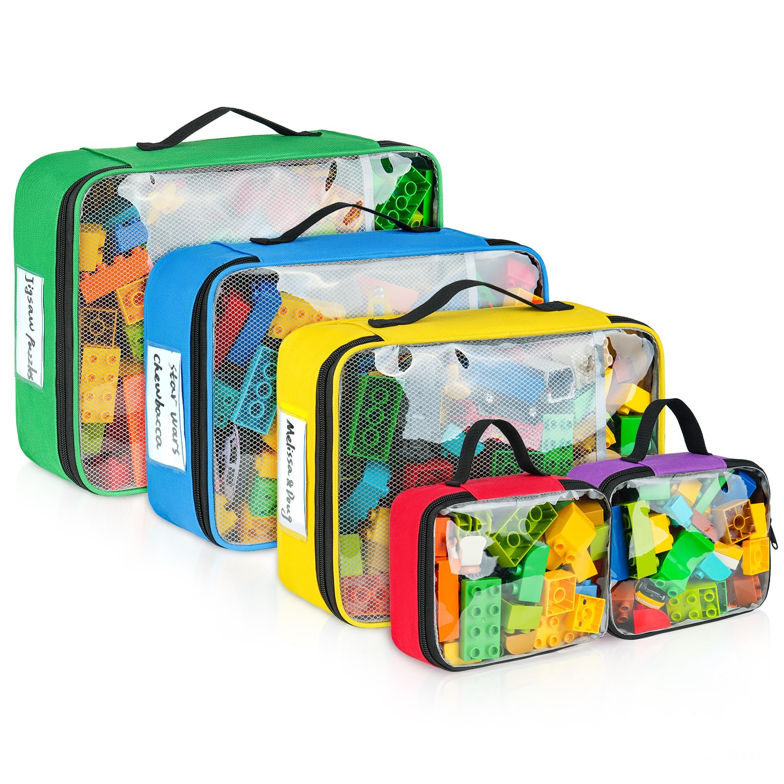 5-Piece Toy Storage Bags for Lego Bricks - Travel Organizer for Kids Building Blocks, Toy Cars & Puzzles with Mesh and Tag Pockets | Perfect for Home, Travel and Classroom Organization