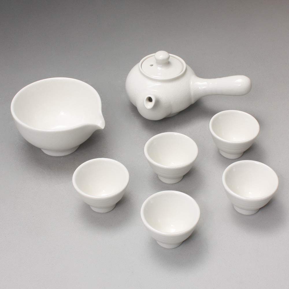 Korean Style Pure White Porcelain Tea Ceremony Set - 11.8oz (350ml) Side Handle Teapot with 5 Cups & Cooling Pitcher - Traditional Ceramic Tea Gift Set for Home, Office & Zen Meditation