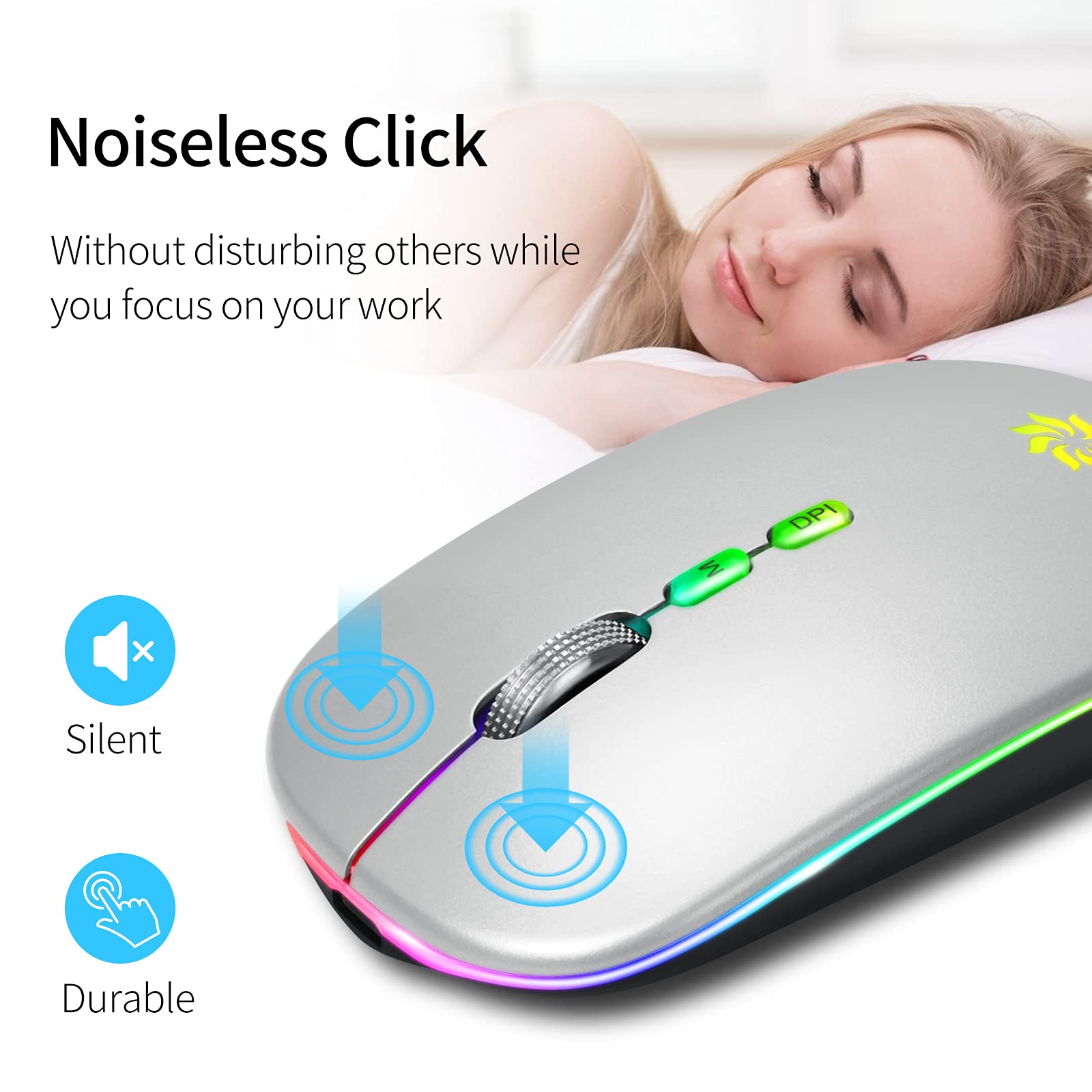 KBCASE Slim Silent Wireless Mouse - 2.4G Rechargeable LED Mouse for Laptop, MacBook, iPad, Chromebook with USB & Type-C Receiver - Perfect for Office, Home, and Travel Use