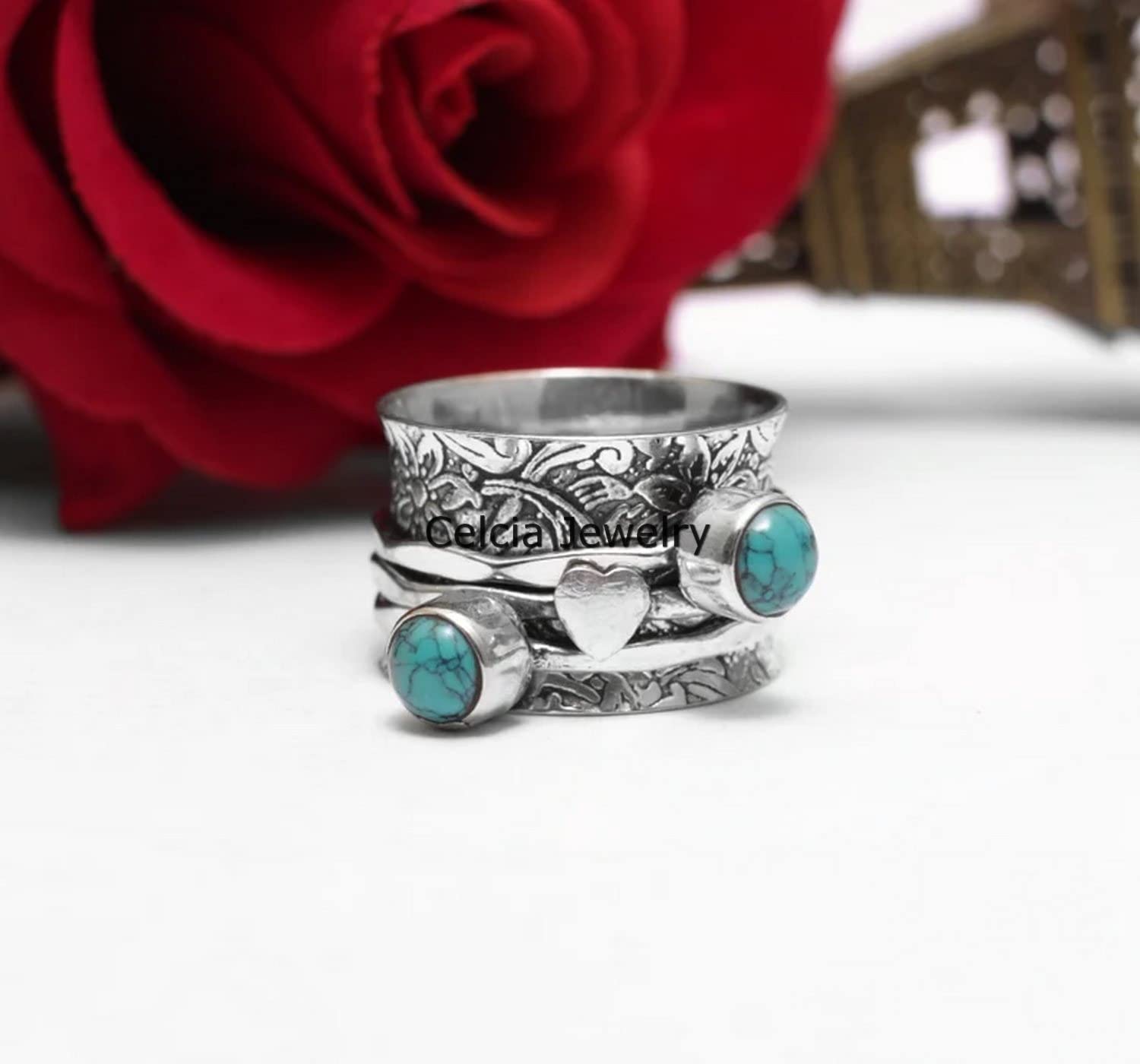 Turquoise Heart Spinner Ring for Women & Men - December Birthstone Jewelry, Fidget Anxiety Relief Ring, Thumb & Meditation Ring - Size 4 (Perfect for Stress Relief, Gift Giving & Spiritual Healing)