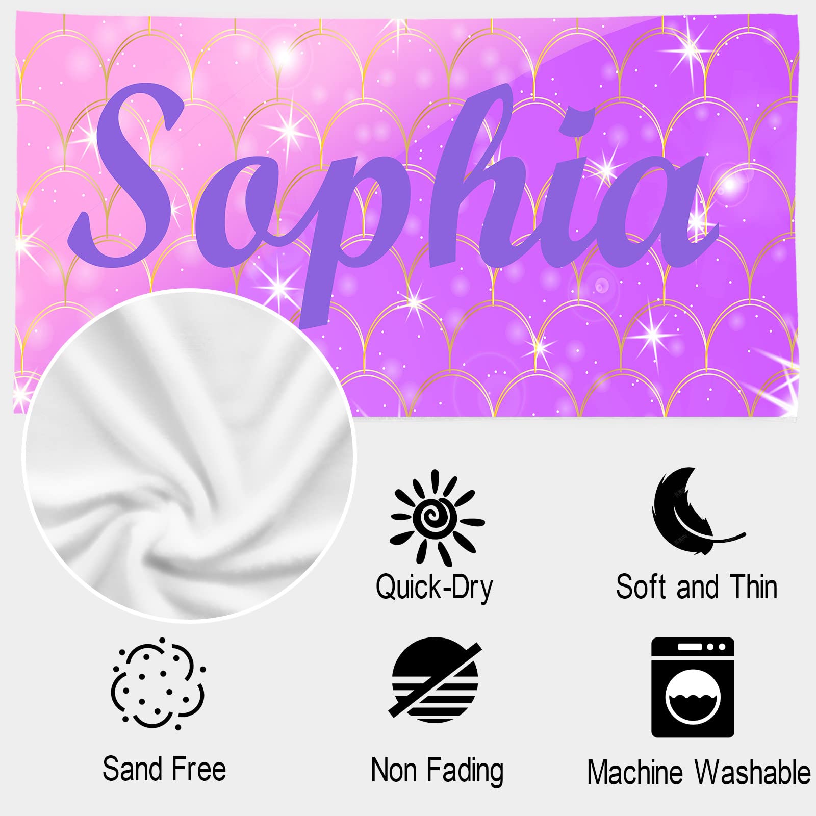 Personalized Kids Beach Towels with Name - Custom Mermaid Design Thin Towel for Girls, Monogrammed Beach & Pool Towel 31.5