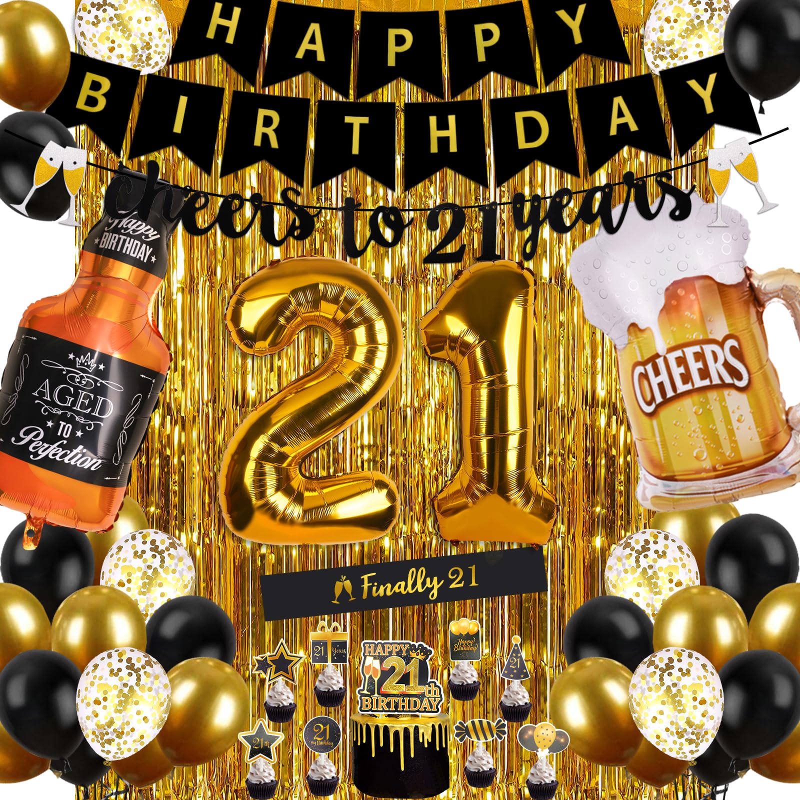 21st Birthday Decorations for Men - Black & Gold Party Supplies Kit with Banner, Fringe Curtain, Confetti & Balloons | Perfect for 21st Birthday Parties, Milestone Celebrations & Adult Birthday Decor