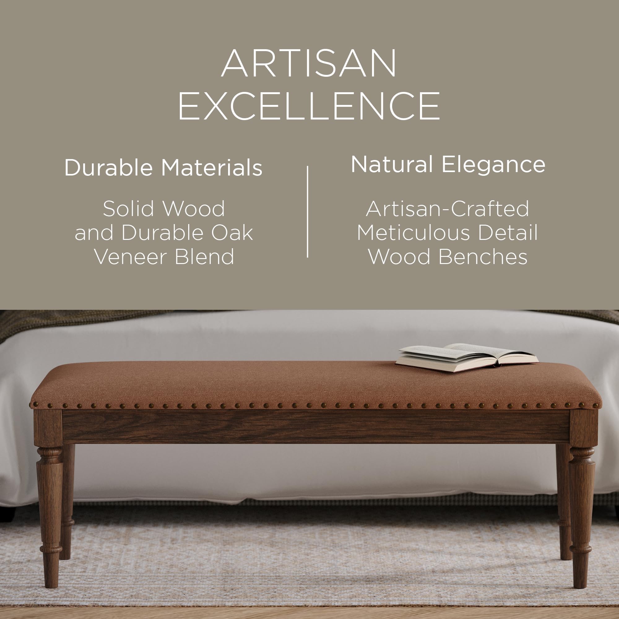 Elizabeth Traditional Wooden Upholstered Bench with Padded Seat - Antique Brown Finish for Kitchen, Dining Room, Entryway & Bedroom | Stylish Home Decor & Functional Seating Solution