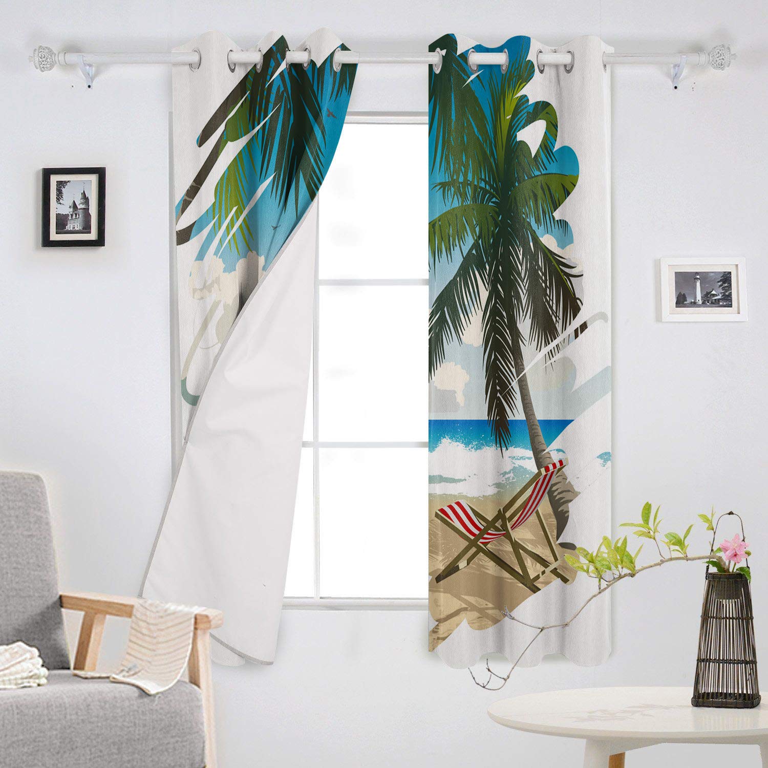 Blackout Curtains for Bedroom - Thermal Insulated Room Darkening Drapes with Tropical Ocean Beach & Coconut Palm Tree Design (2 Panels, 40x84 Inch) - Perfect for Coastal Decor, Nursery, or Home Theater Light Control