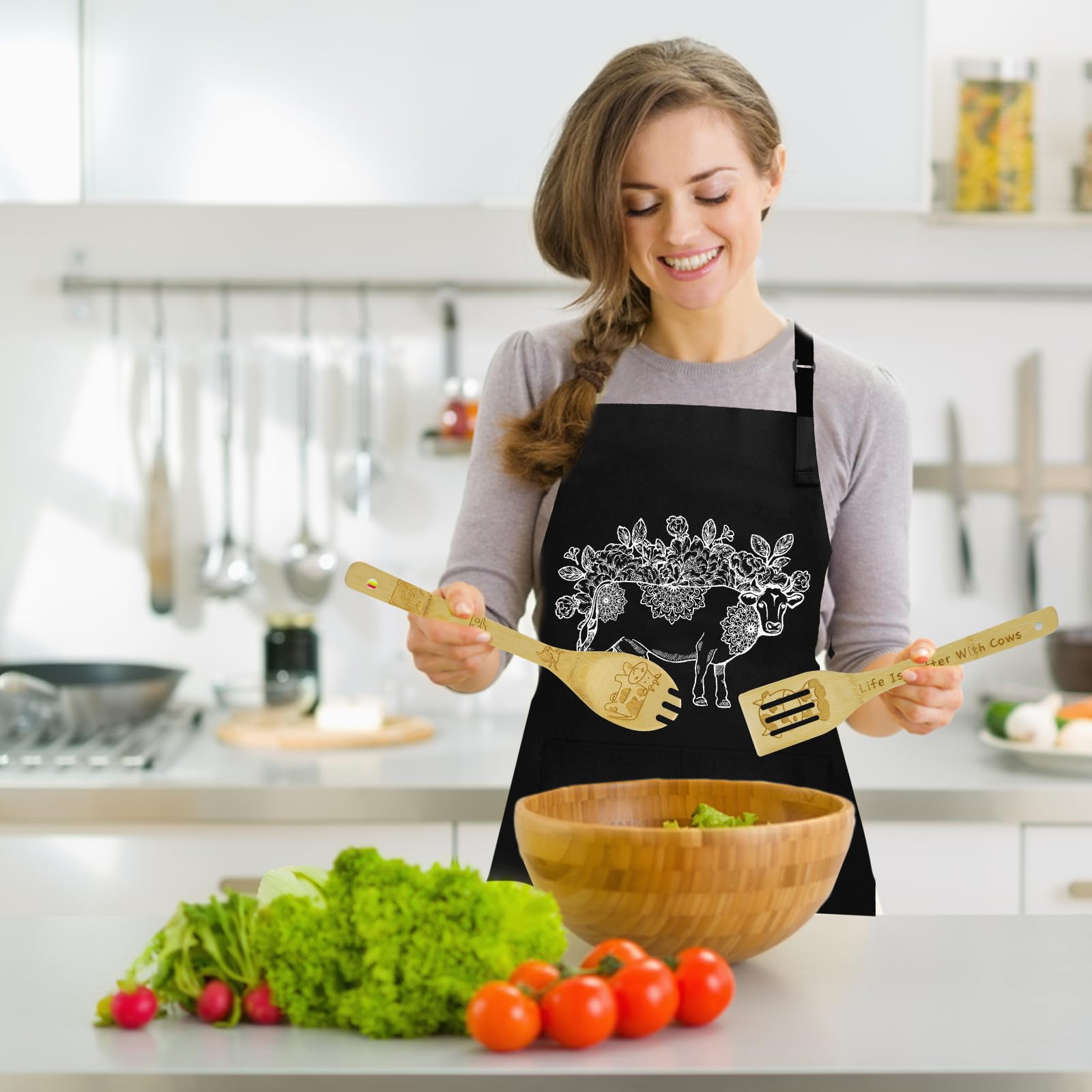 Unique Cow-Themed Kitchen Utensil Set - Bamboo Cooking Spoons & Apron Gift for Women | Perfect Housewarming, Mother's Day & Christmas Present for Cow Lovers | Ideal for Farmhouse Decor & Cooking Enthusiasts