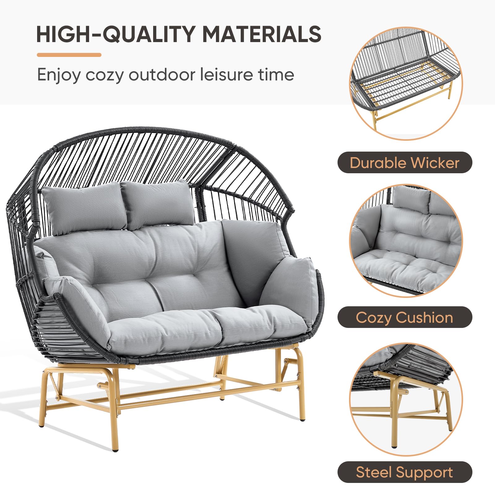 2-Person Outdoor Egg Chair - Wicker Rattan Rocking Glider Patio Lounge Chair with Cushion & Pillow for Porch, Deck, Backyard, Garden (Grey) - Perfect for Relaxing, Sunbathing & Outdoor Entertaining