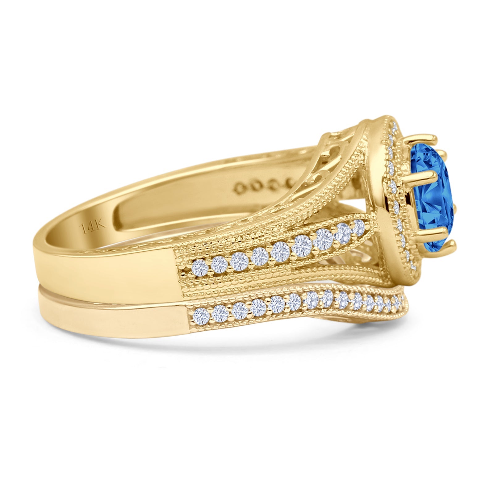 14K Yellow Gold Round Halo Split Shank Blue Topaz and CZ Engagement Ring for Women - Perfect for Weddings, Anniversaries & Special Occasions