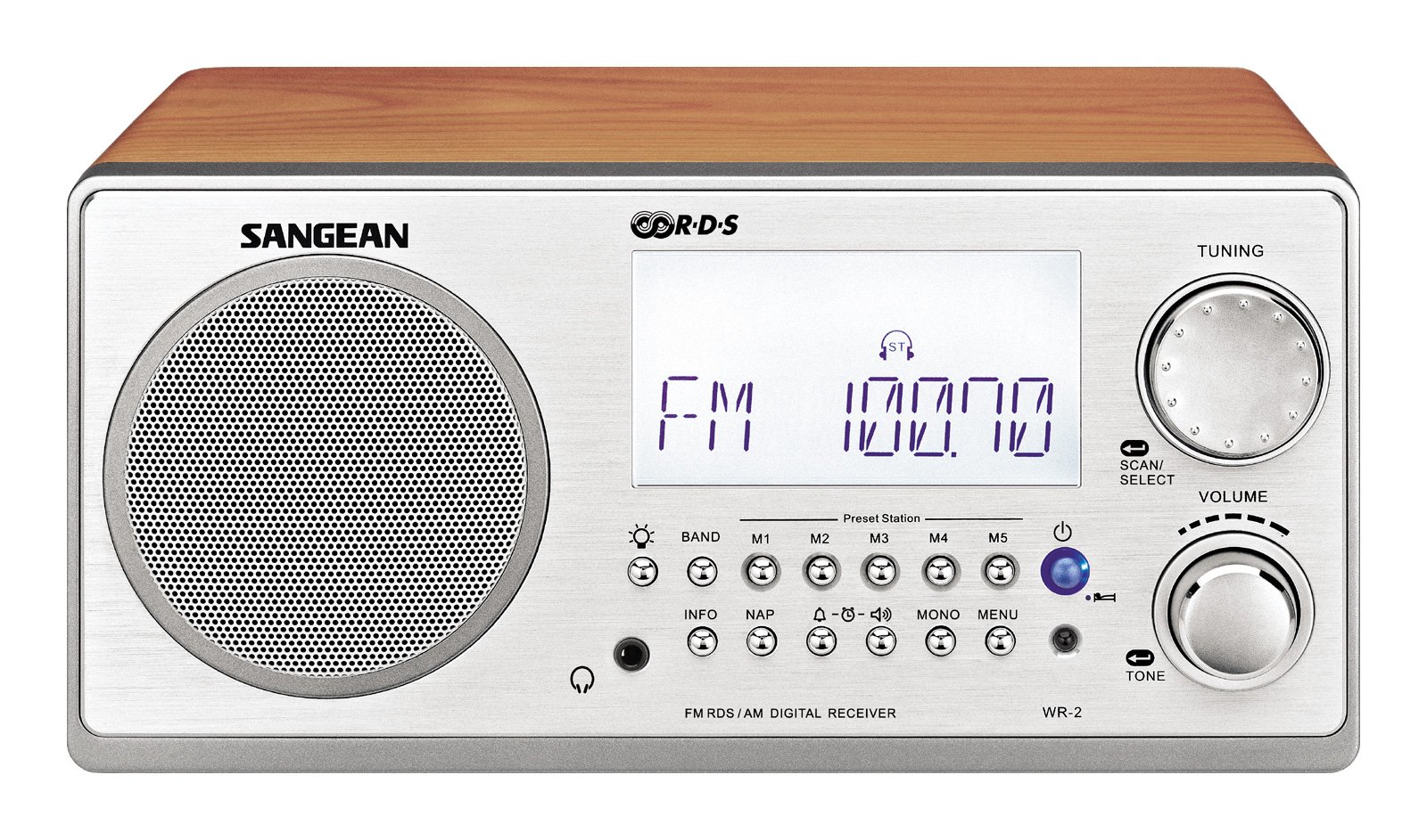 Sangean WR-2 AM/FM-RBDS Wooden Cabinet Digital Tuning Radio with Alarm Clock & Sleep Timer - Walnut Finish | Perfect for Home, Office, Kitchen, and Outdoor Use