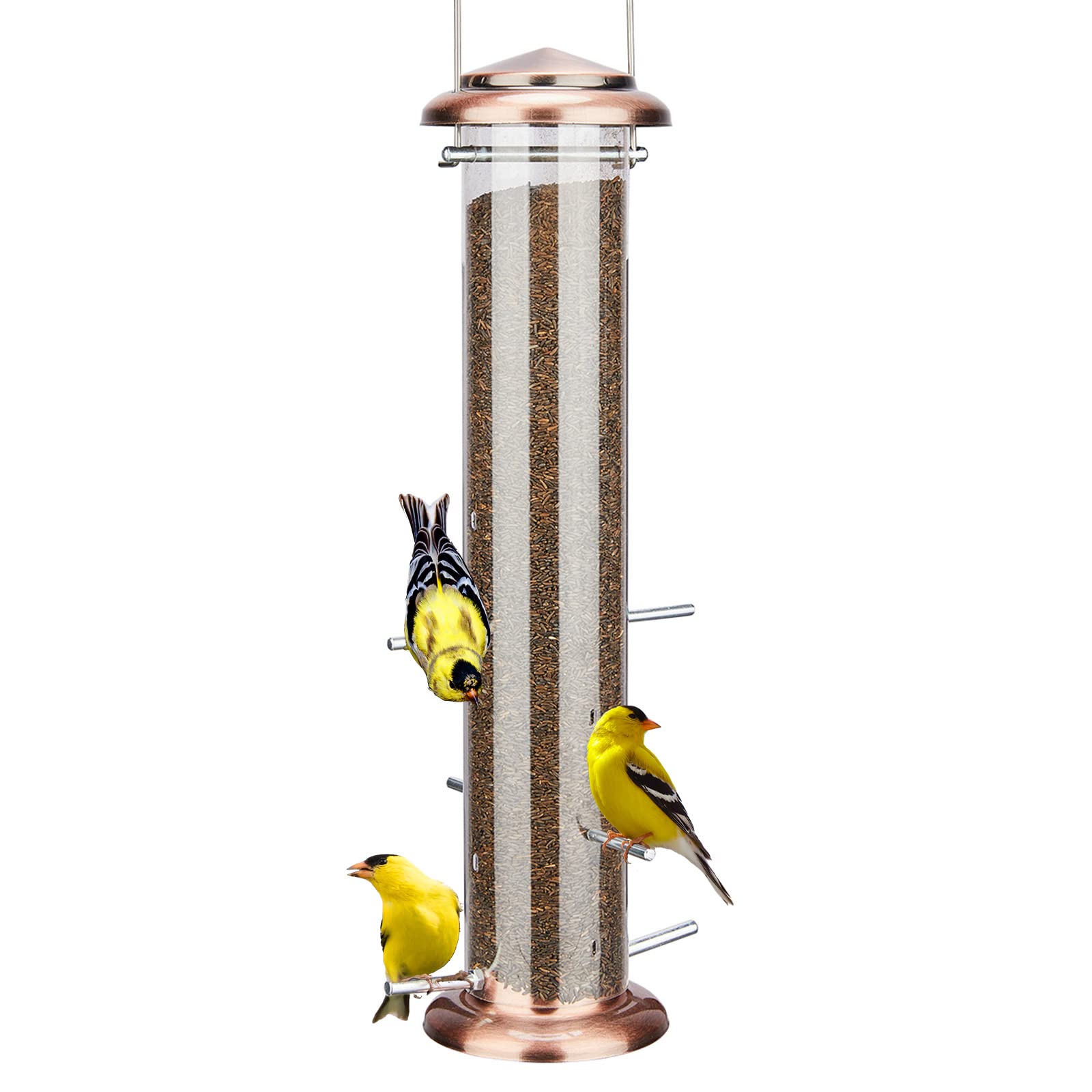 Kingsyard Metal Finch Feeder for Thistle/Nyjer Seed - 2 lbs Large Capacity Tube Bird Feeder for Outdoor Hanging - Easy to Fill & Clean - Antique Copper Finish - Perfect for Backyard Birdwatching & Attracting Wild Finches