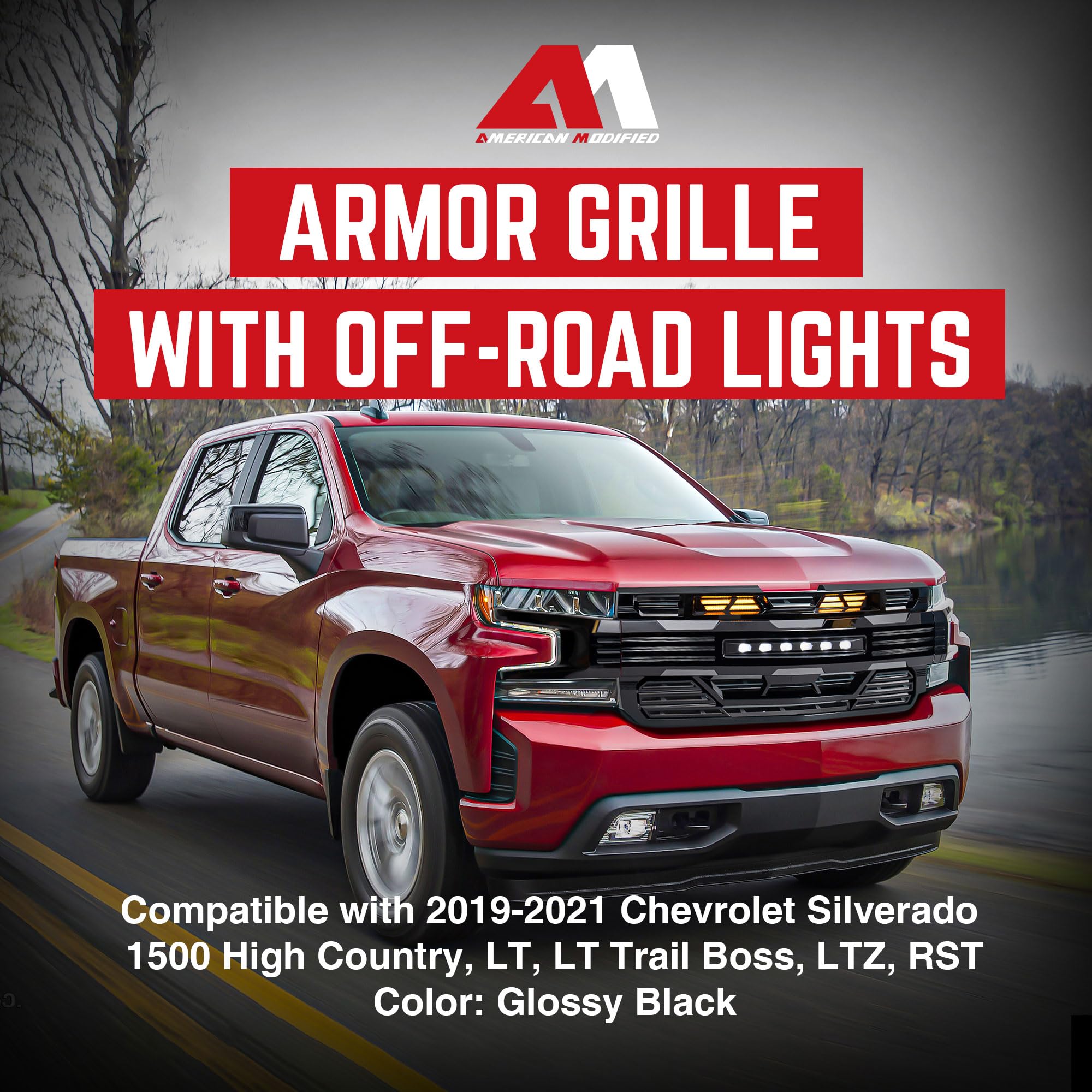 19-21 Chevy Silverado 1500 LED Armor Grille with Off-Road Lights - Glossy Black | Durable Front Bumper Protection for Off-Roading & Night Driving