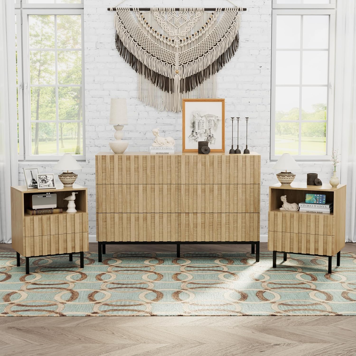 Mid Century Modern Bedroom Furniture Set - 6 Drawer Dresser & 2 Nightstands (3 Piece Wooden Set) for Master Bedroom, Guest Room & Apartment Decor