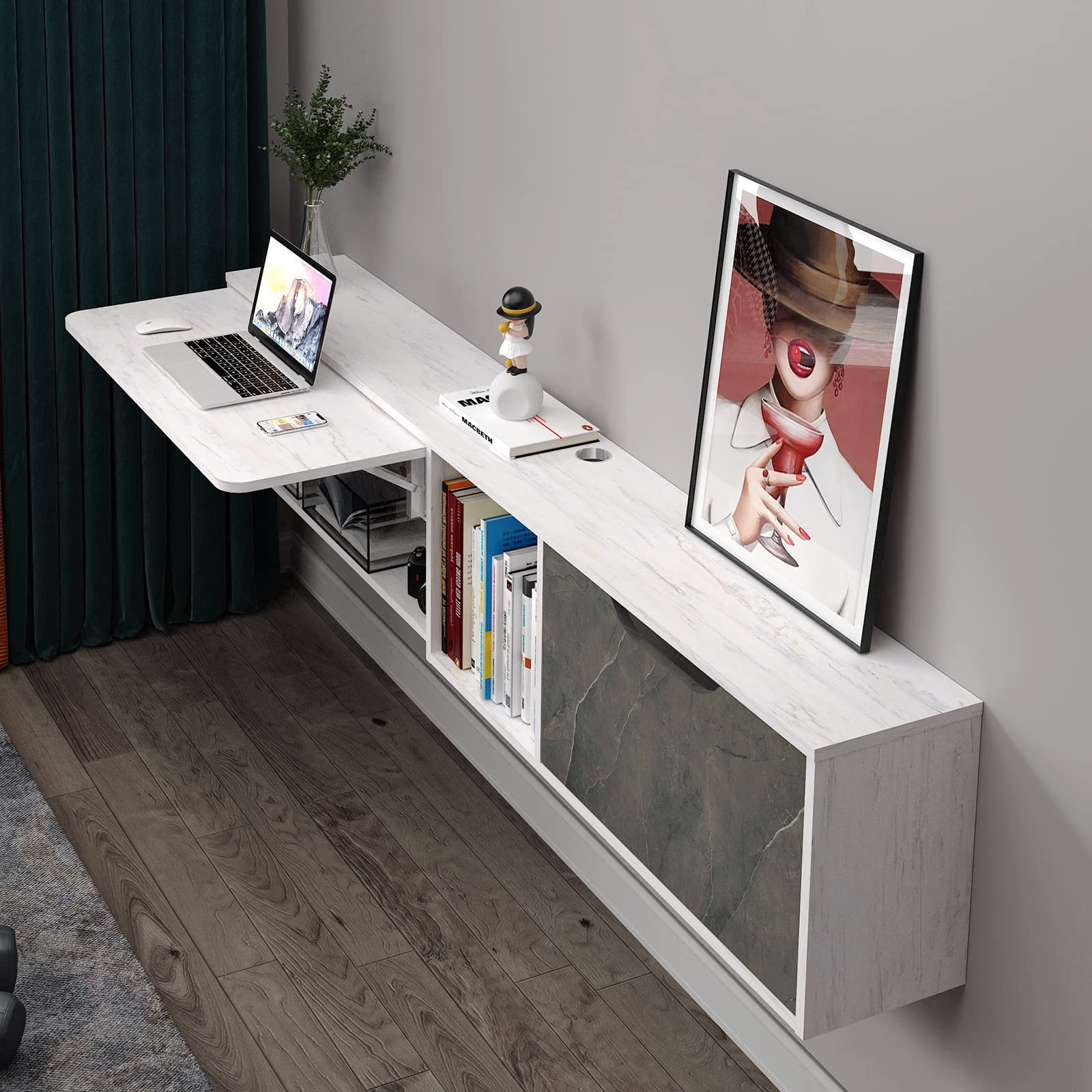 PMNIANHUA 70'' Floating Wall Desk with Storage Shelves - Space-Saving Wall Mounted Laptop Computer Desk, Writing Study Table for Small Spaces - Perfect for Bedroom, Home Office & Dorm Room (Grayish White, Left)