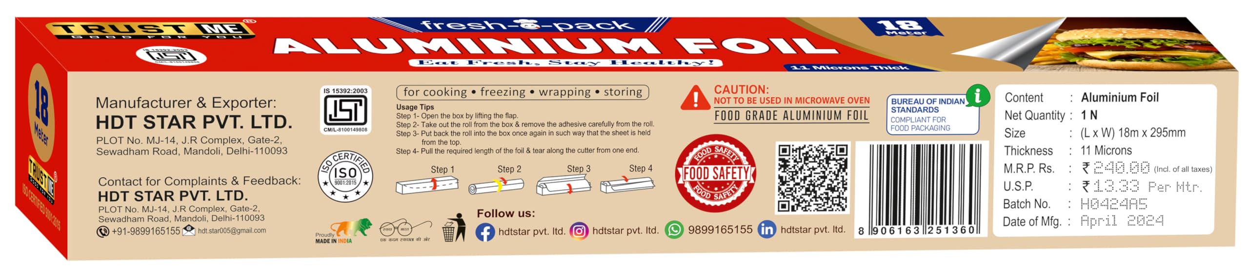 Premium Food Grade Aluminum Foil Roll - 18 Meters, 11 Micron Thickness for Fresh & Hygienic Food Storage | Keeps Food Warm, Extends Freshness | Ideal for Cooking, Baking, Grilling, Meal Prep & Leftovers | Heavy Duty Kitchen & BBQ Essential (Red, Pack of 2)