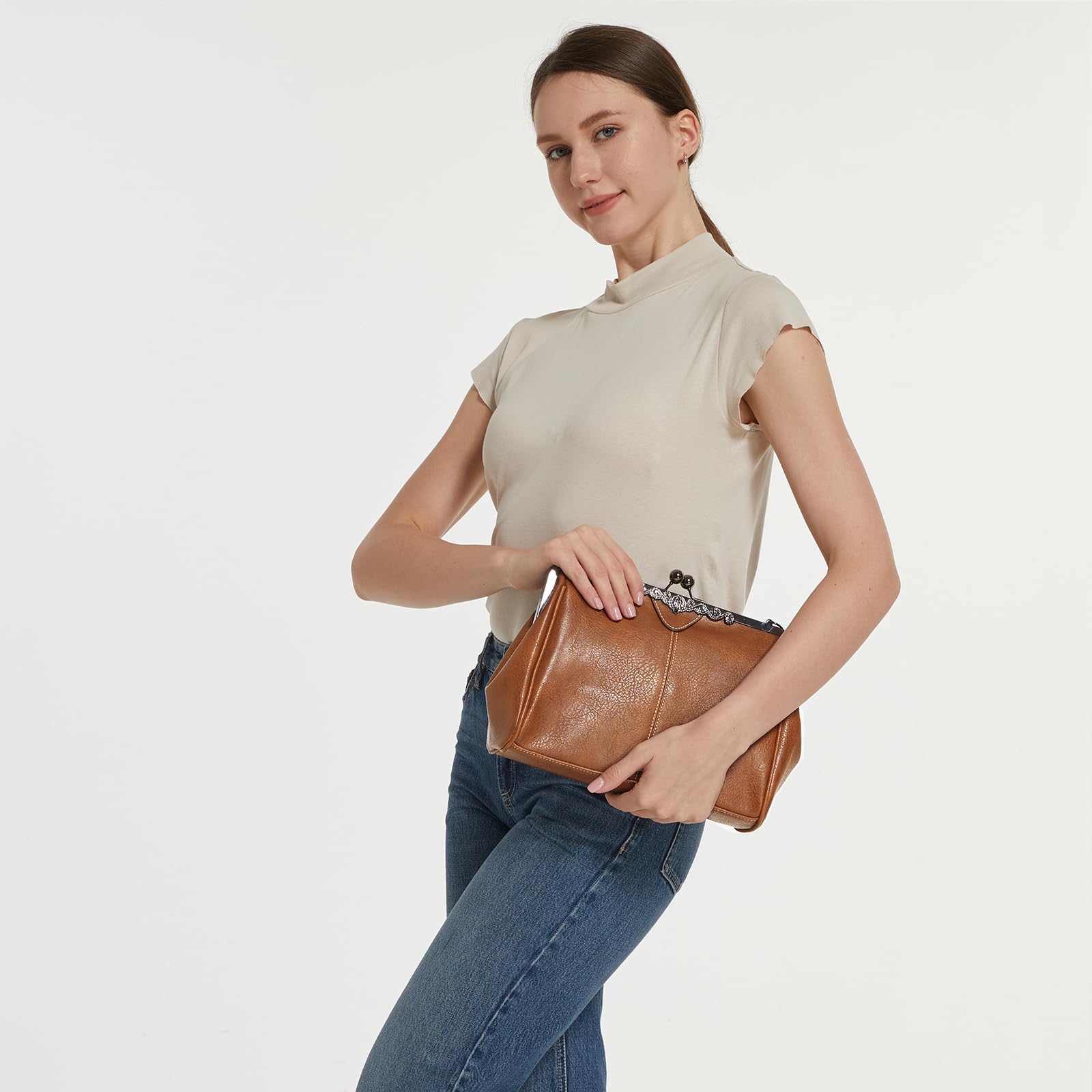 Vintage Women's Kiss Lock Handbag - Oil Leather Evening Clutch Purse & Satchel Tote Bag for Party, Wedding & Formal Events