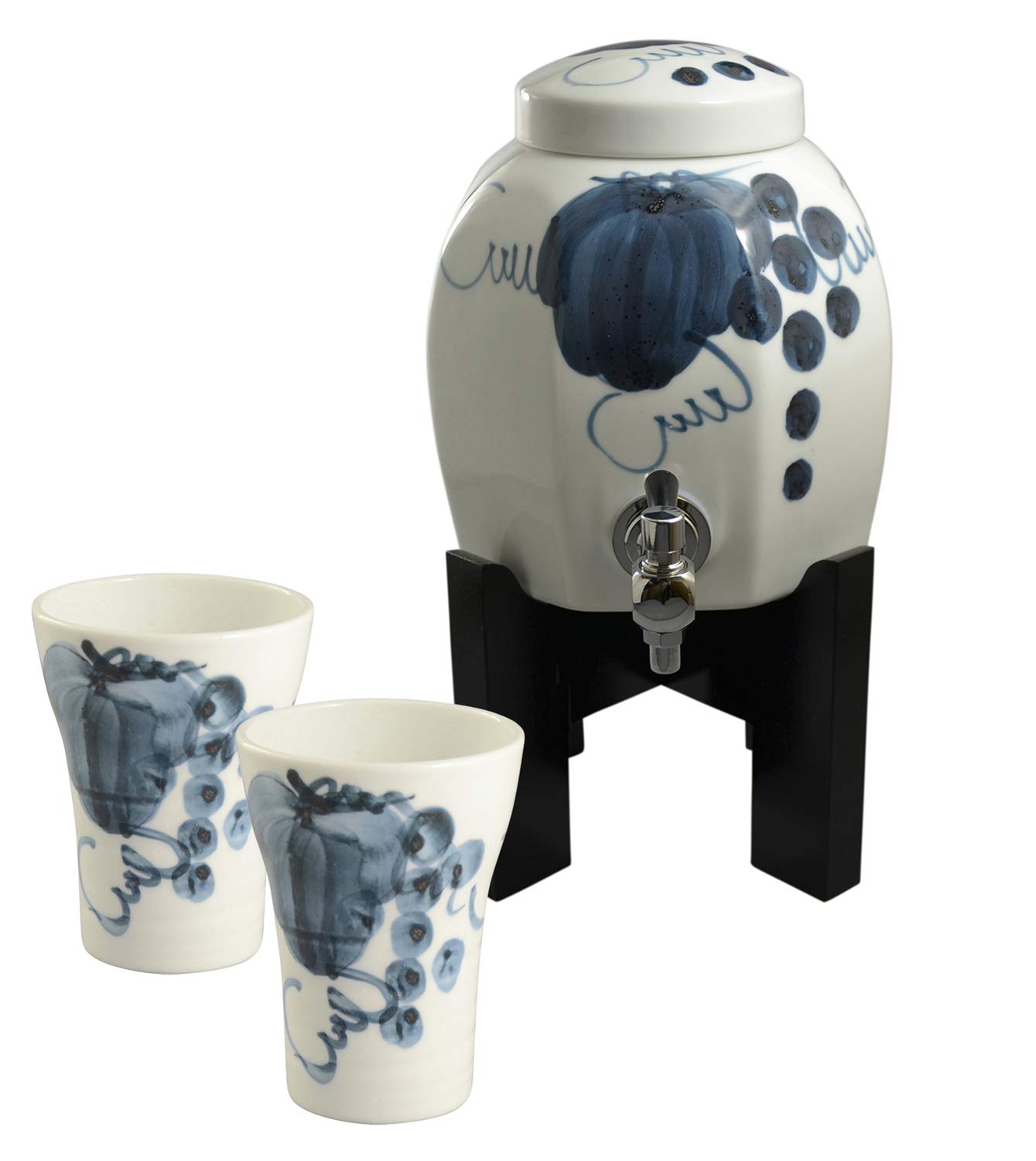 Arita Ware SYO-301 Japanese Shochu Server Set with 2 Cups - Handcrafted White Ceramic with Chamfered Edges & Grape Design - Perfect for Sake, Soju or Cocktail Serving at Home Bars, Restaurants or Gifts