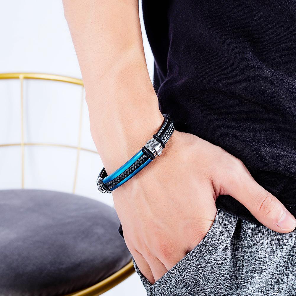 Blue Steel Men's Braided Leather Bracelet - Stylish & Durable Handmade Bracelet for Men - Perfect for Casual Wear, Gifts & Everyday Fashion Accessories
