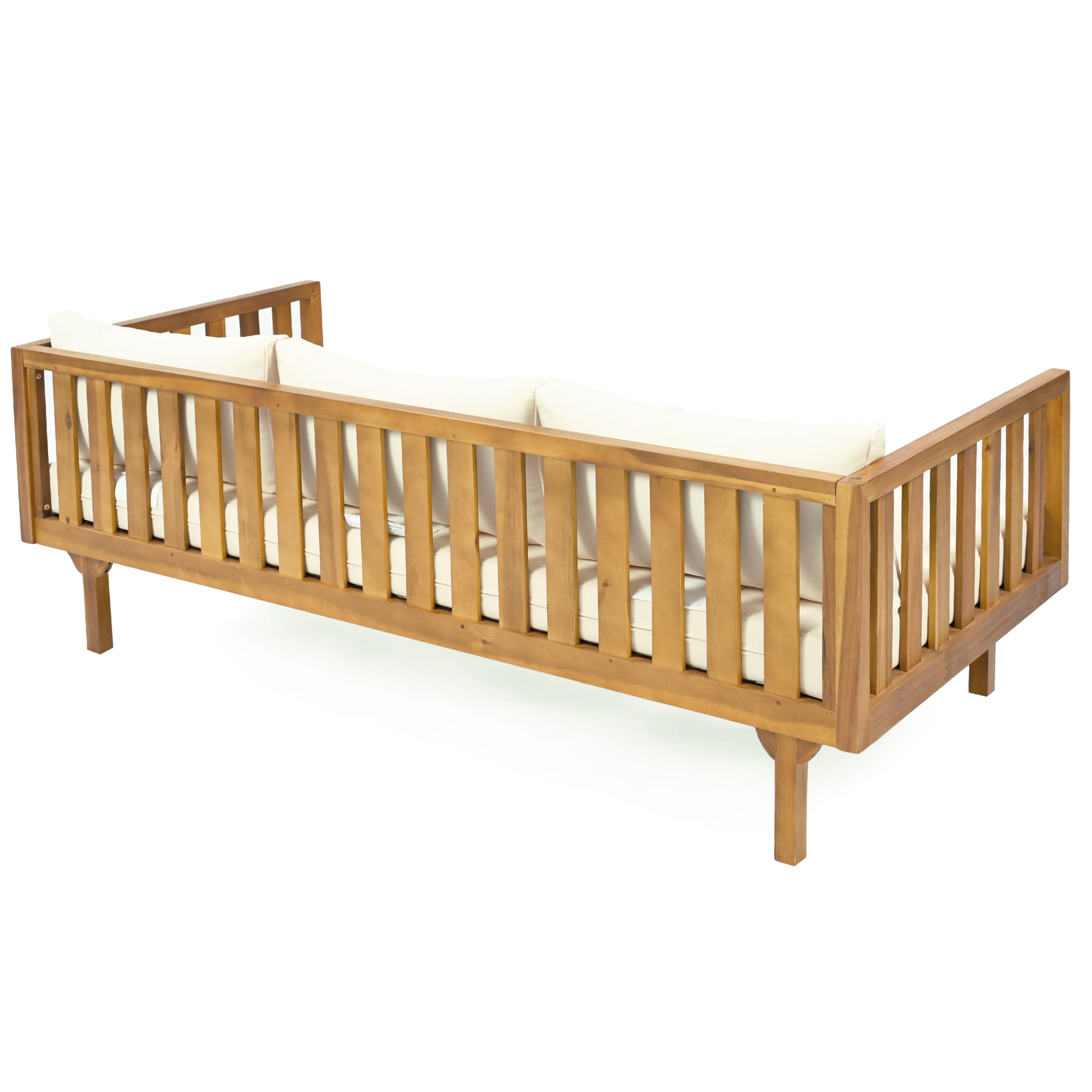 Modern 3-Seater Wooden Sofa Bed with Armrests - Waterproof Fabric Upholstery & Removable Cushions - Teak-Beige Outdoor Daybed for Garden, Patio, Balcony, or Indoor Living Room - Durable Teak Wood Frame for Relaxation and Entertaining