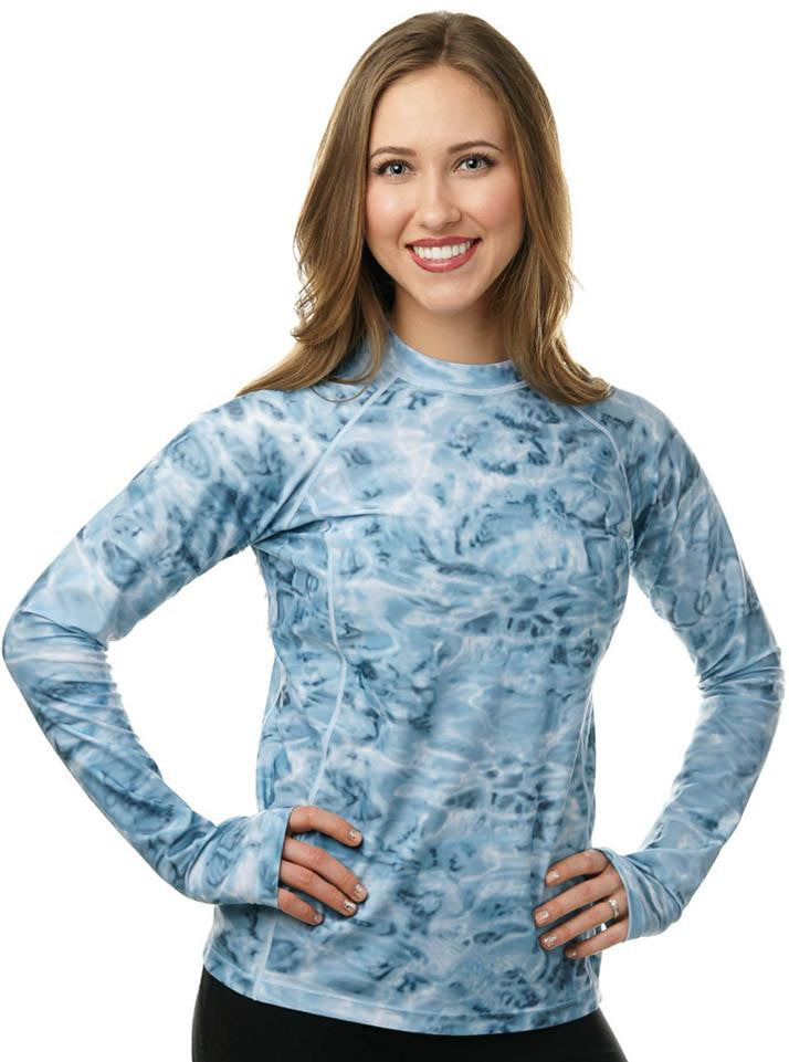 Women's UPF 50+ Long Sleeve Rash Guard Shirt - Aqua Design | Sun Protection Swimwear for Surfing, Swimming & Beach Activities