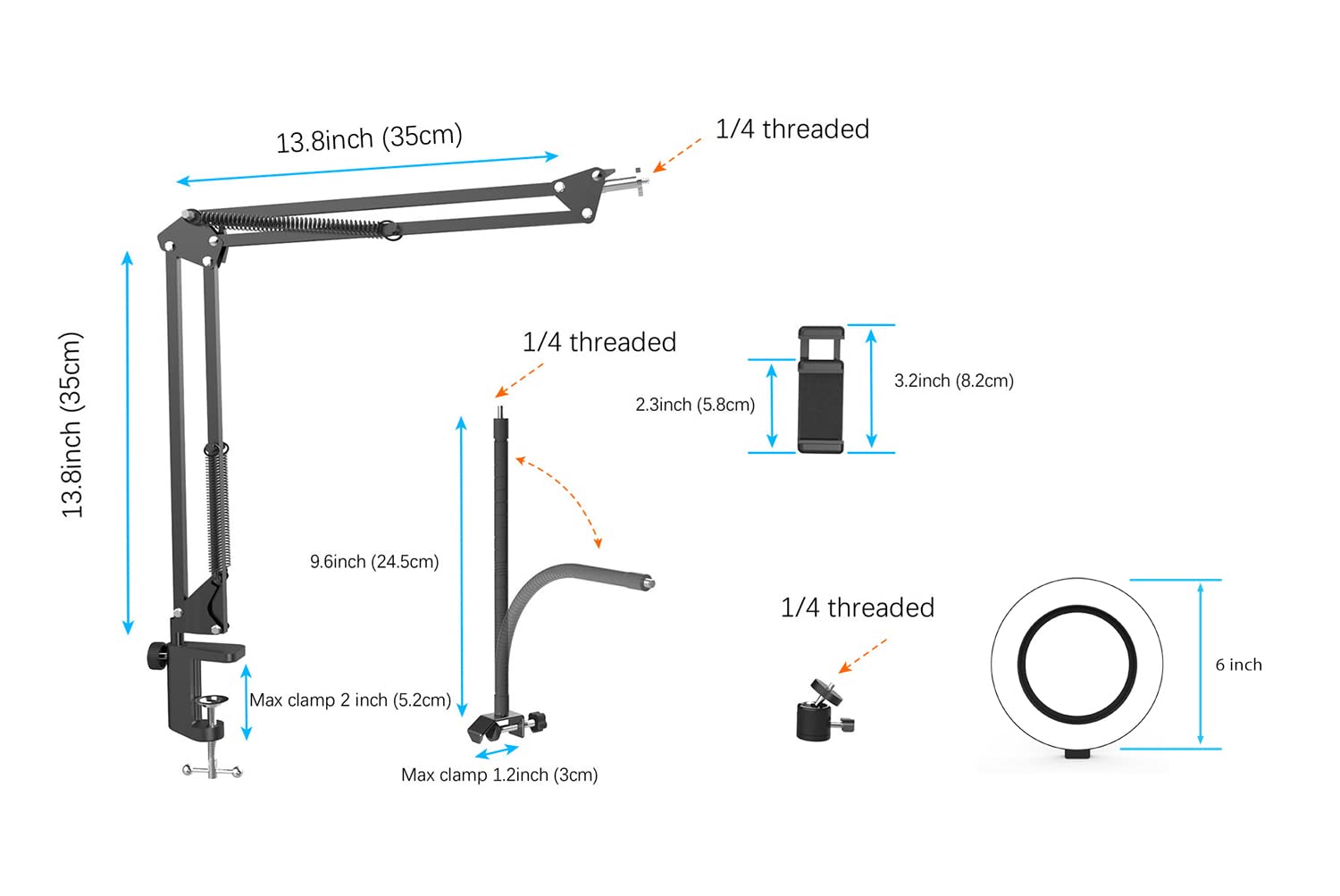 Professional Overhead Camera Mount with Adjustable Ring Light - Flexible Articulating Phone Arm Stand Compatible with iPhone, Android, Logitech Webcam - Perfect for YouTube Live Streaming, Cooking Tutorials, Nail Art Videos & Desk Recording (Includes Sturdy Tripod Base)