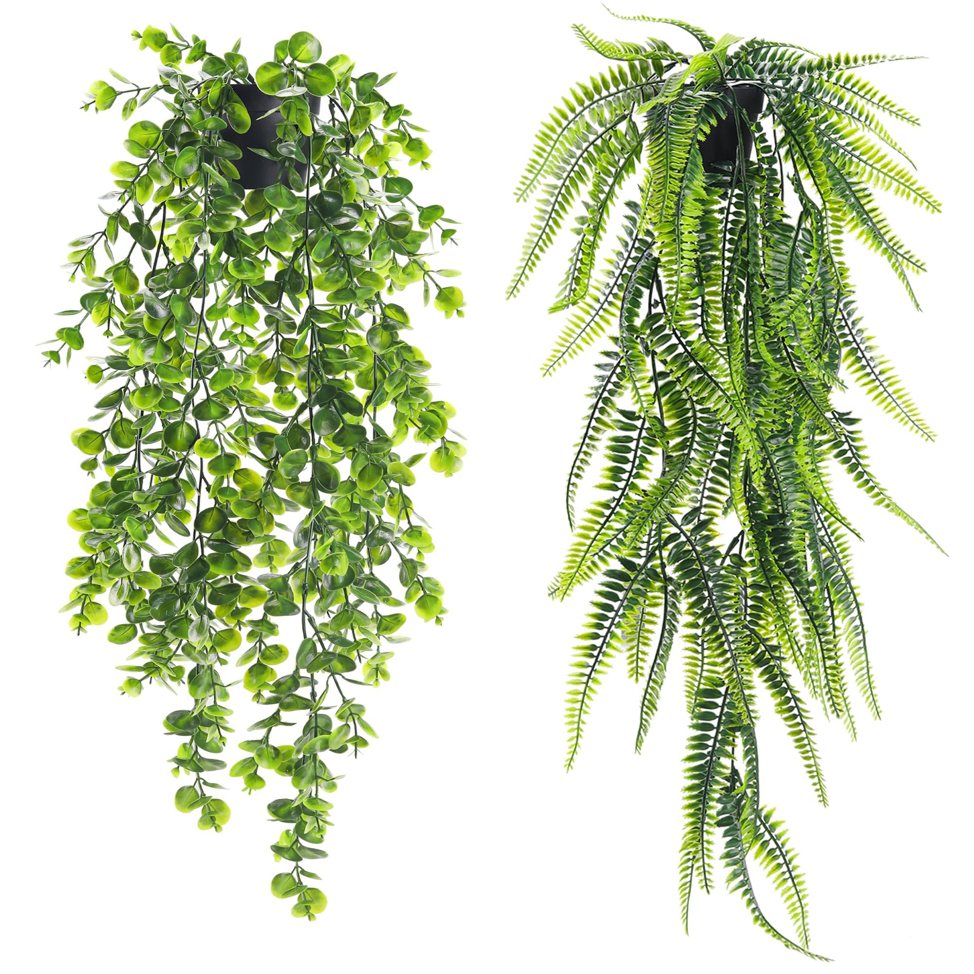 2 Pack Artificial Hanging Plants in Black Pots - Fake Faux Greenery Decor for Home, Bedroom, Living Room - Perfect for Wall Decor, Shelf Styling & Indoor Plant Lovers