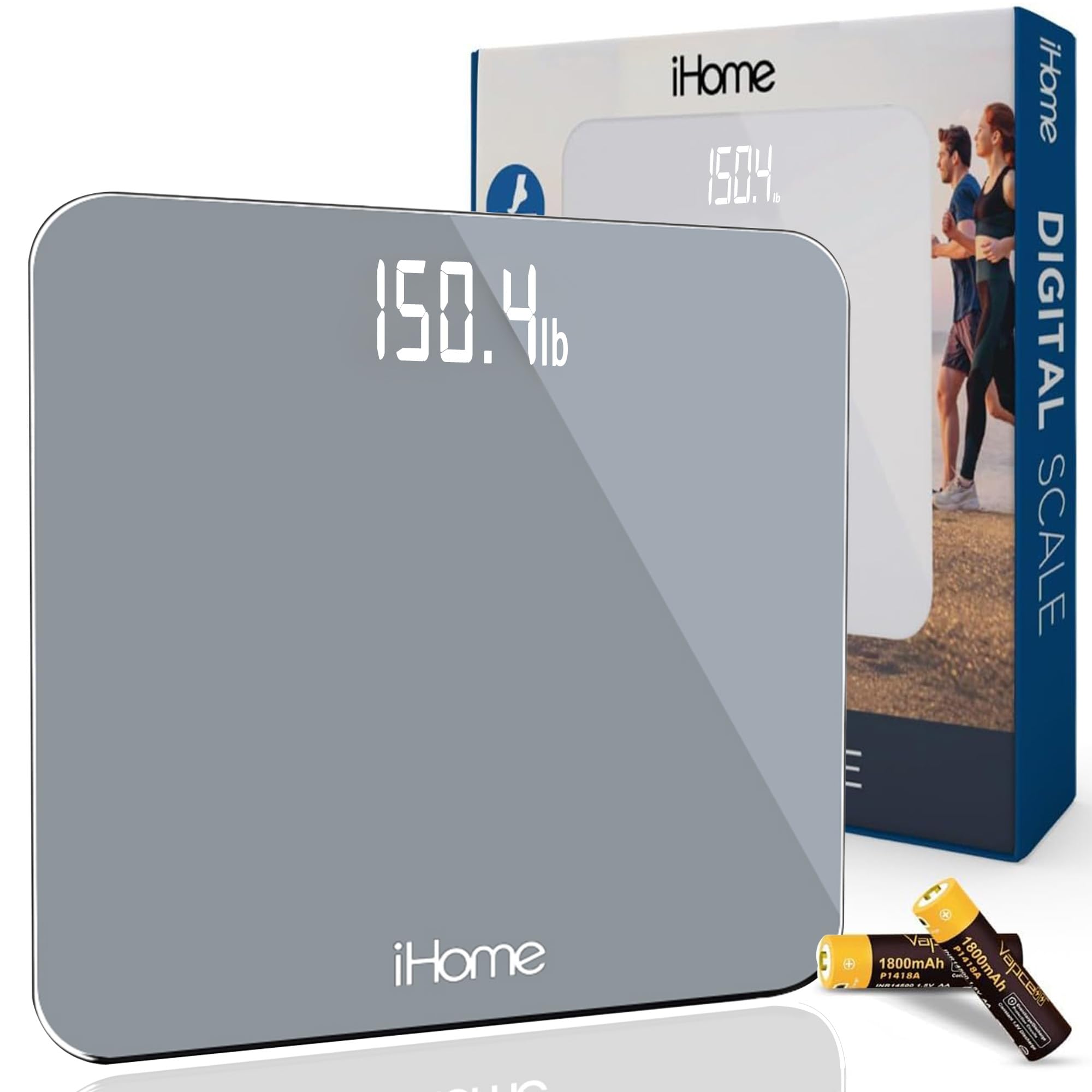 iHome Digital Bathroom Scale with Batteries Included - Accurate Body Weight Measurement in Grey - Perfect for Home, Gym, and Health Tracking