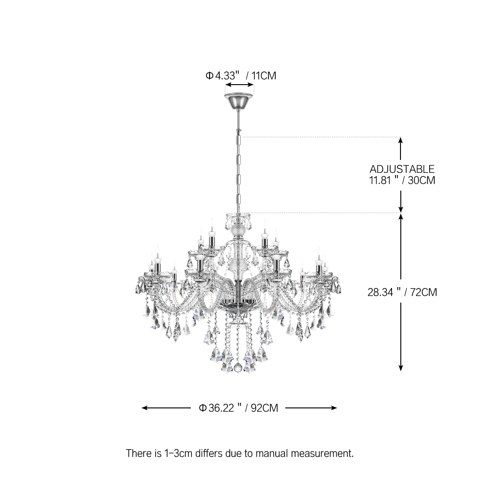 Ridgeyard Luxury 15-Light Crystal Chandelier - K9 Crystal Glass Pendant Ceiling Light Fixture for Dining Room, Living Room, Bedroom & Hallway - Elegant Entryway Lighting for Home Decor & Special Occasions
