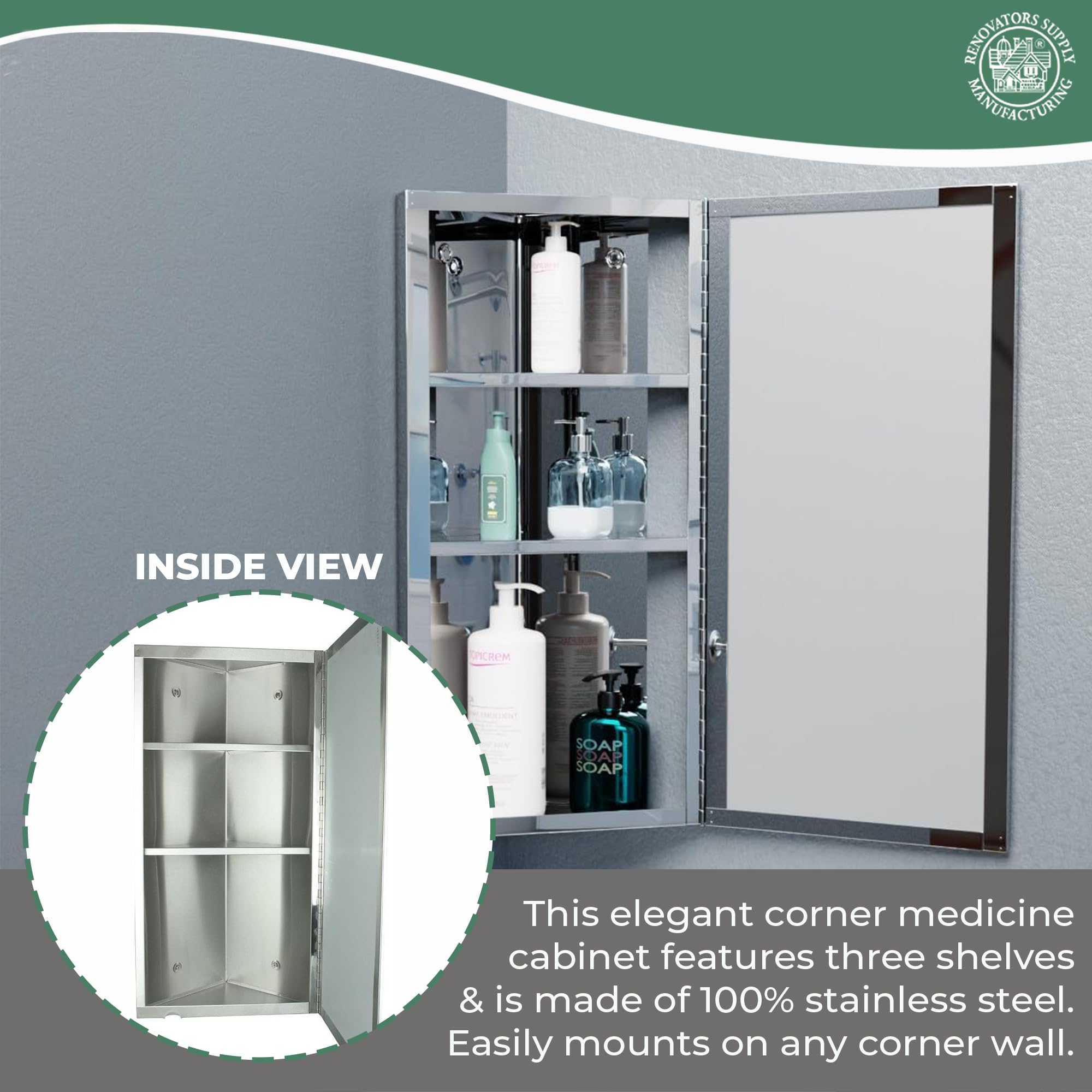 Renovators Supply Infinity Corner Medicine Cabinet with Mirror - Triple Shelf Storage, Modern Wall Mount Bathroom Cabinet - 23.6 Inch Left Open Brushed Stainless Steel (Pack of 1) - Perfect for Small Bathrooms, Vanities & Space-Saving Storage Solutions