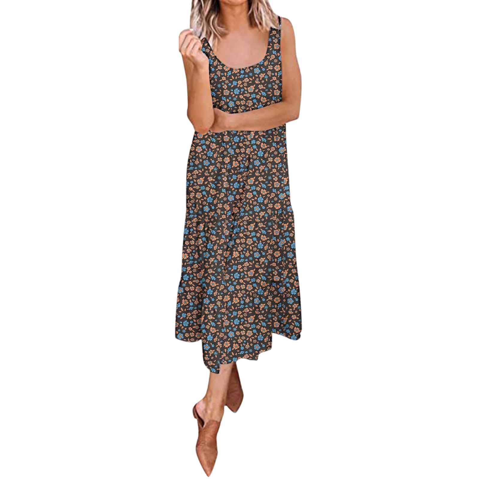 Women's Floral Sleeveless Summer Sundress - Soft Pleated Maxi Dress with Pockets, Scoop Neck & Swing Hem - Perfect for Beach Vacations, Casual Outings & Summer Parties (Black)