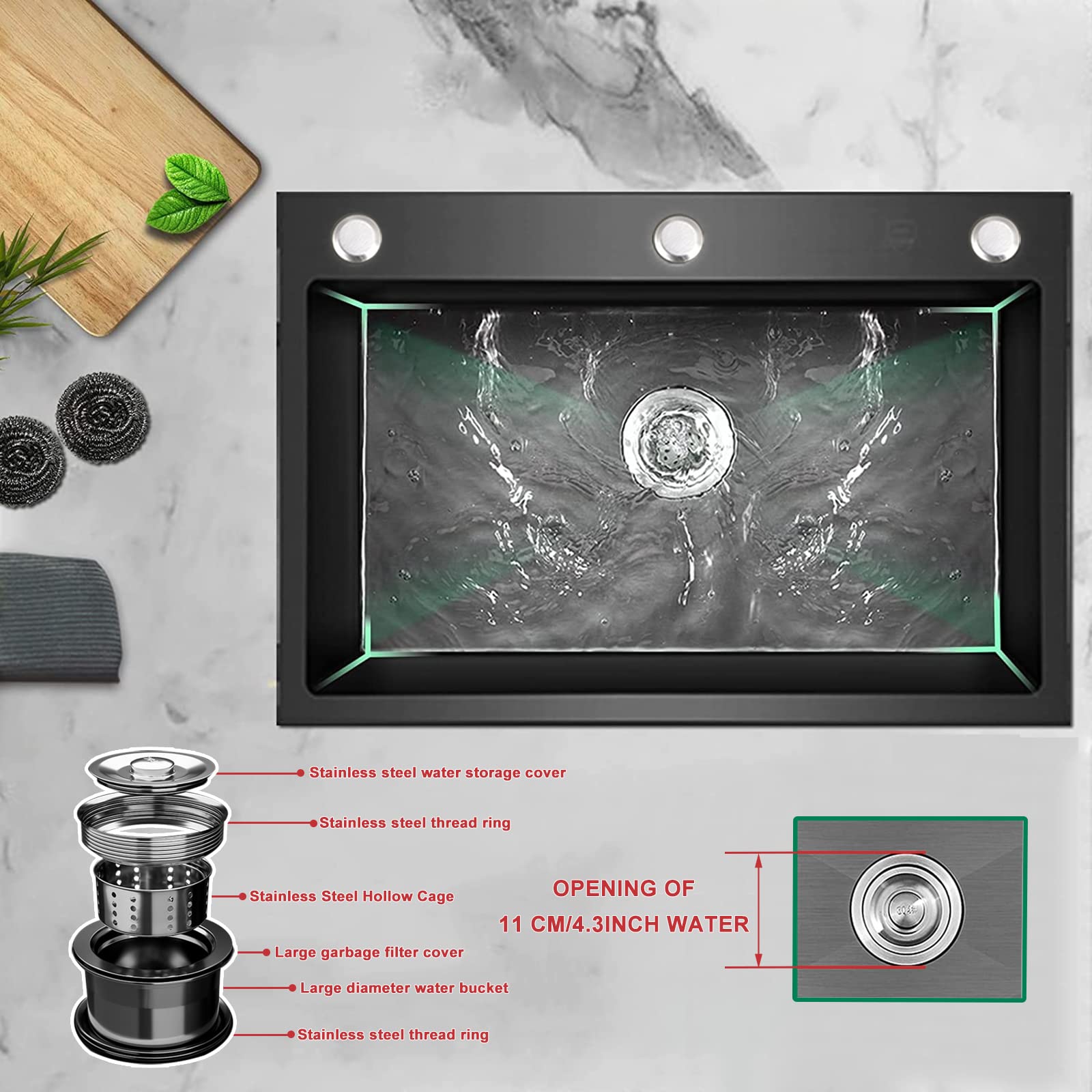 Undermount 304 Stainless Steel Single Bowl Kitchen Sink with Faucet - Large Capacity, Thick Black Nano Coating for Home Use - Perfect for Meal Prep, Dishwashing & Modern Kitchen Renovations