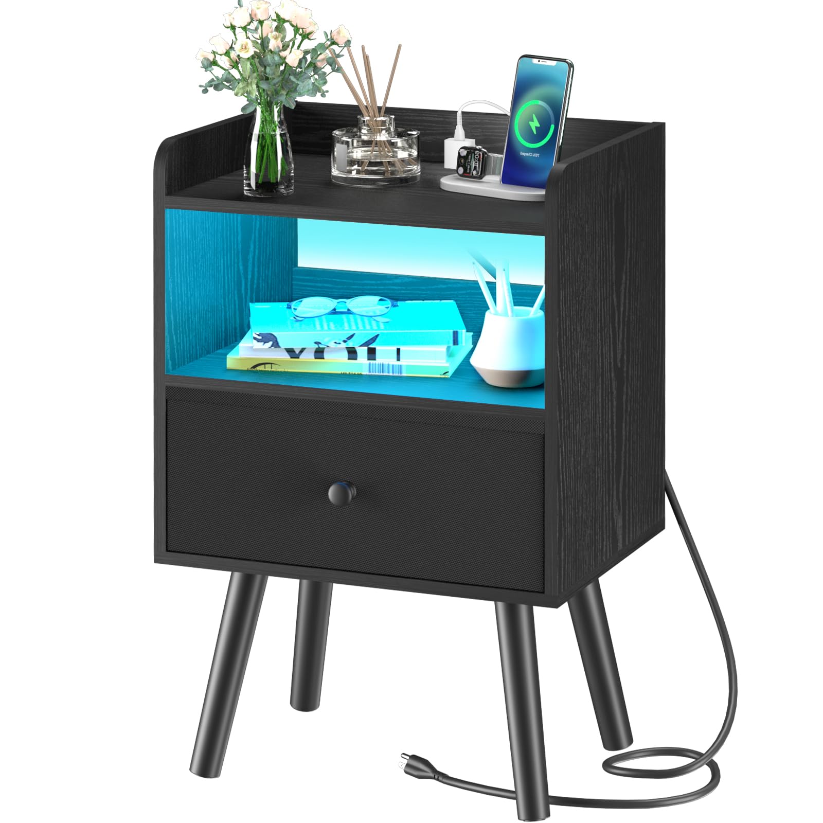 Yoobure Modern Nightstand with Charging Station & LED Lights - Wood Bedside Table with USB Ports, Fabric Drawer & Storage Shelf - Perfect for Bedroom, Office or Home Decor (Night Stand with Convenient Device Charging & Ambient Lighting)