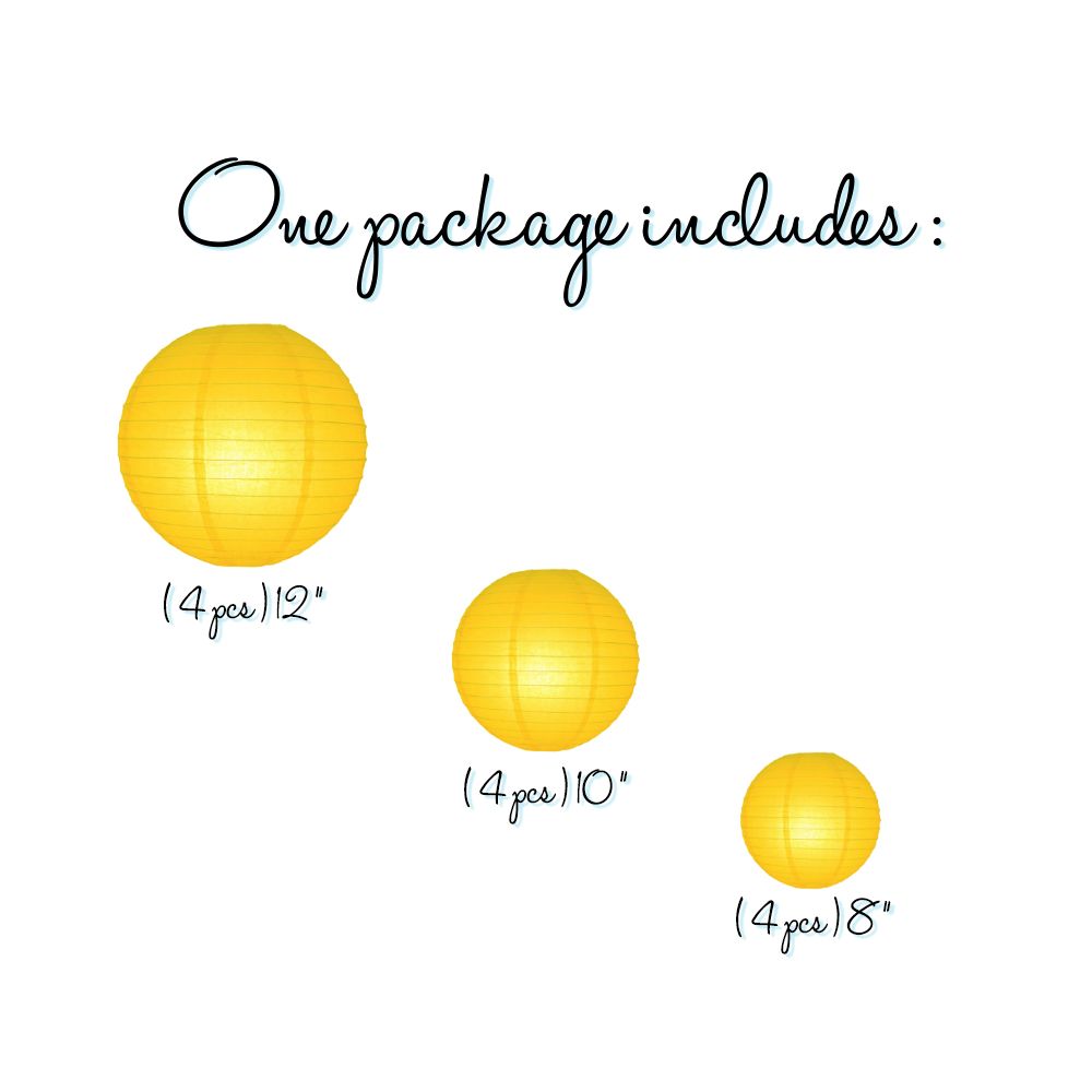 12-Piece Yellow Chinese Paper Lanterns Set - 12/10/8 Inch Hanging Decorations for Wedding, Party & Festival Decor - Perfect for Asian-Themed Events, Home Decor and Outdoor Celebrations
