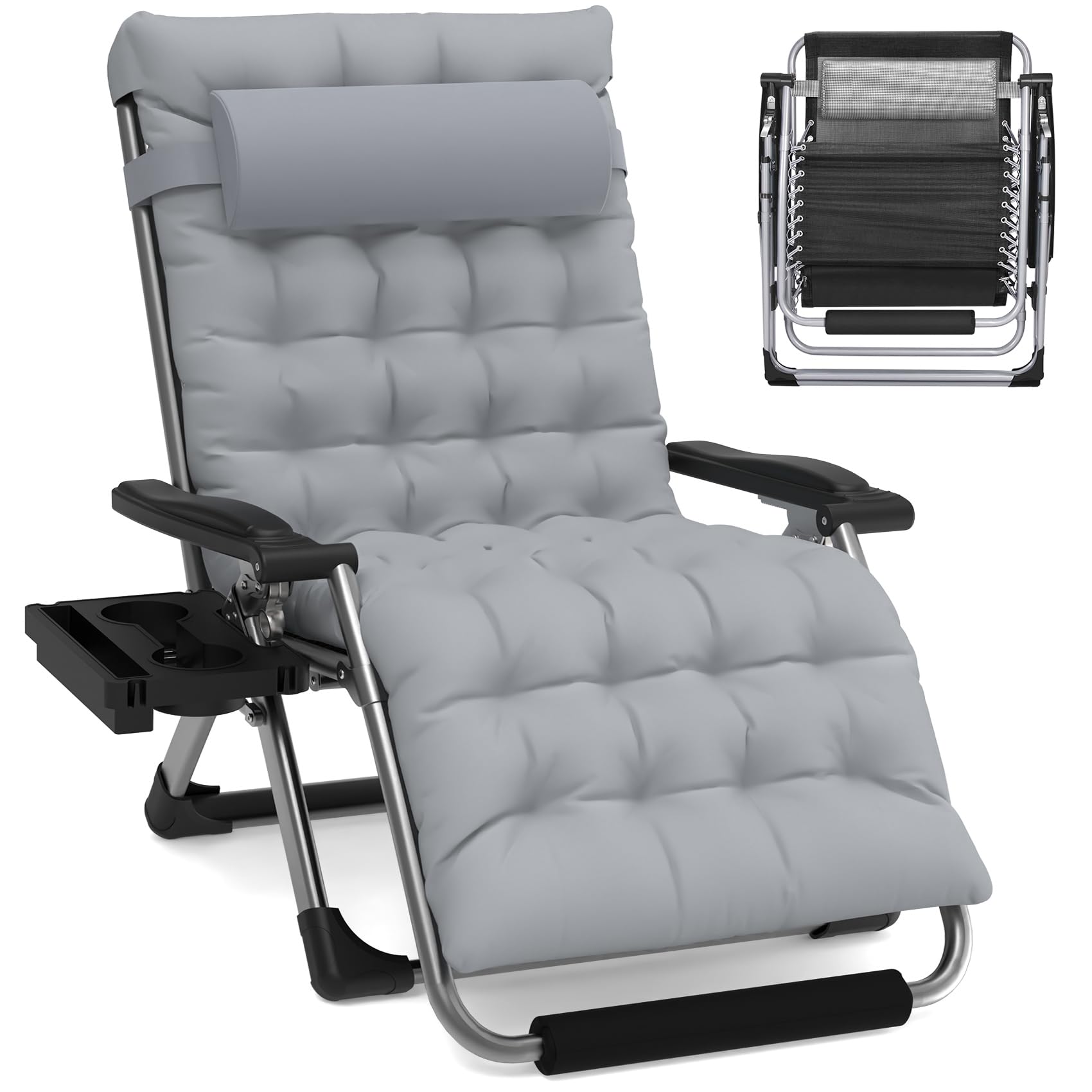 Slendor XXL Oversized Zero Gravity Lounge Chair - 33In Padded Folding Recliner with Aluminum Alloy Lock, Headrest & Cup Holder - 500lbs Weight Capacity - Perfect for Patio, Lawn, Backyard & Poolside Relaxation (Grey)