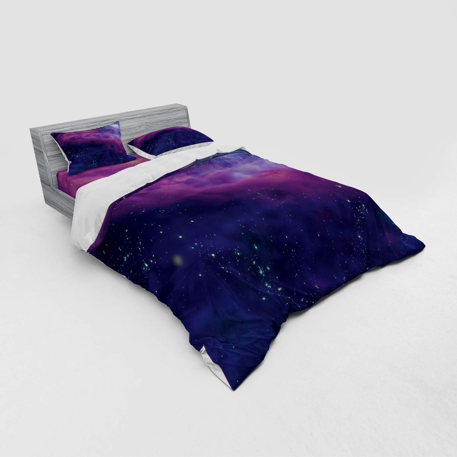Ambesonne Outer Space Duvet Cover Set - Queen Size 4-Piece Bedding with Shams & Fitted Sheet | Milky Way Galaxy Print with Star Clusters & Solar Elements in Purple Blue | Perfect for Astronomy Lovers' Bedrooms & Space-Themed Decor