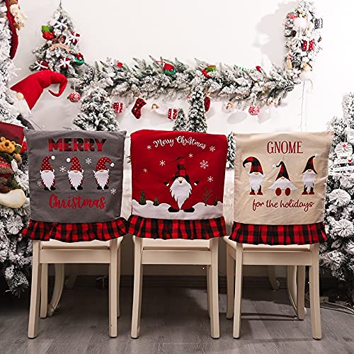 Christmas Chair Covers Set of 3 - Buffalo Plaid Gnome Decor for Dining Room & Banquet