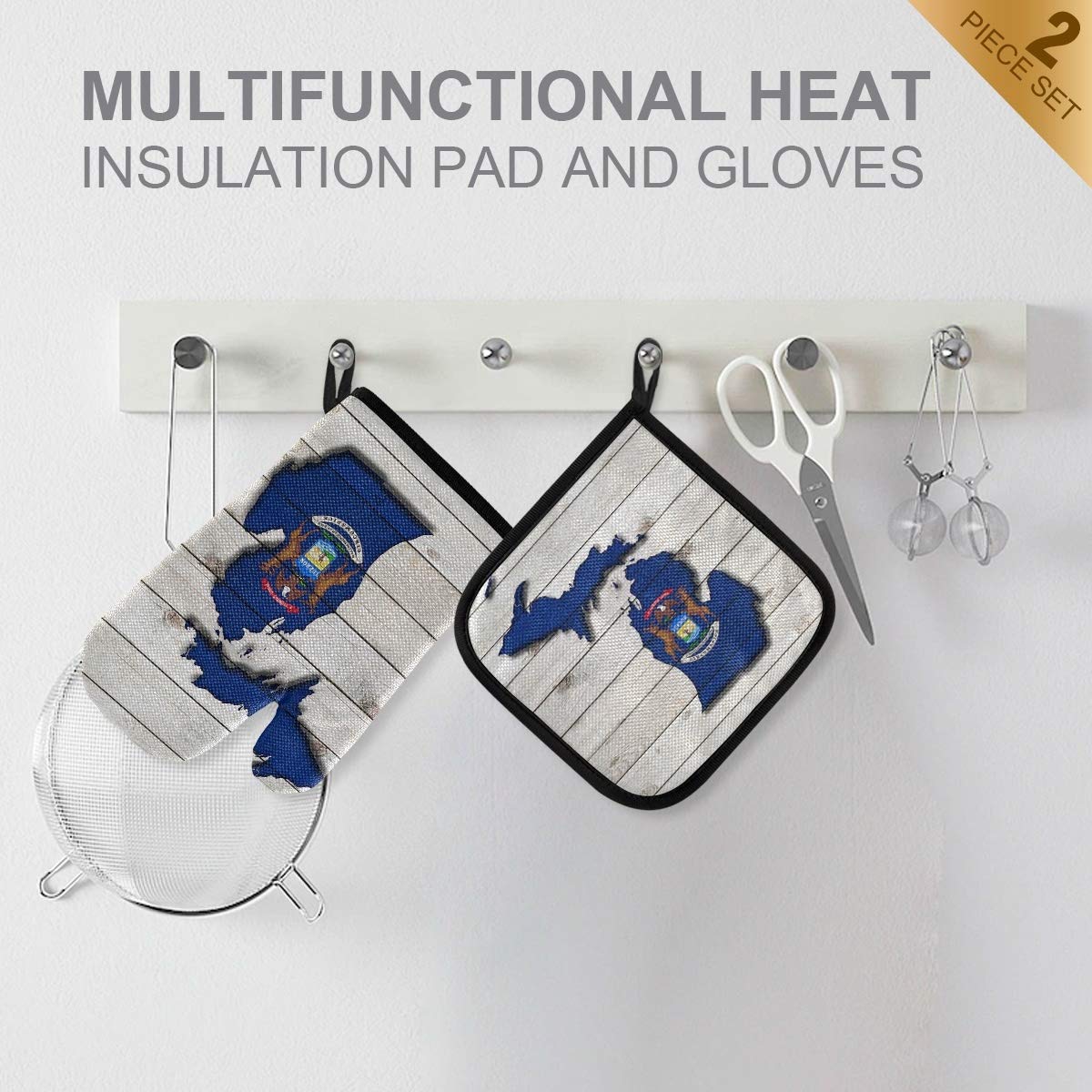 Michigan Flag Map Oven Mitts & Pot Holders Set - Heat Resistant Kitchen Gloves for Cooking, Baking, Grilling - Perfect for Microwave, BBQ & Stove Use