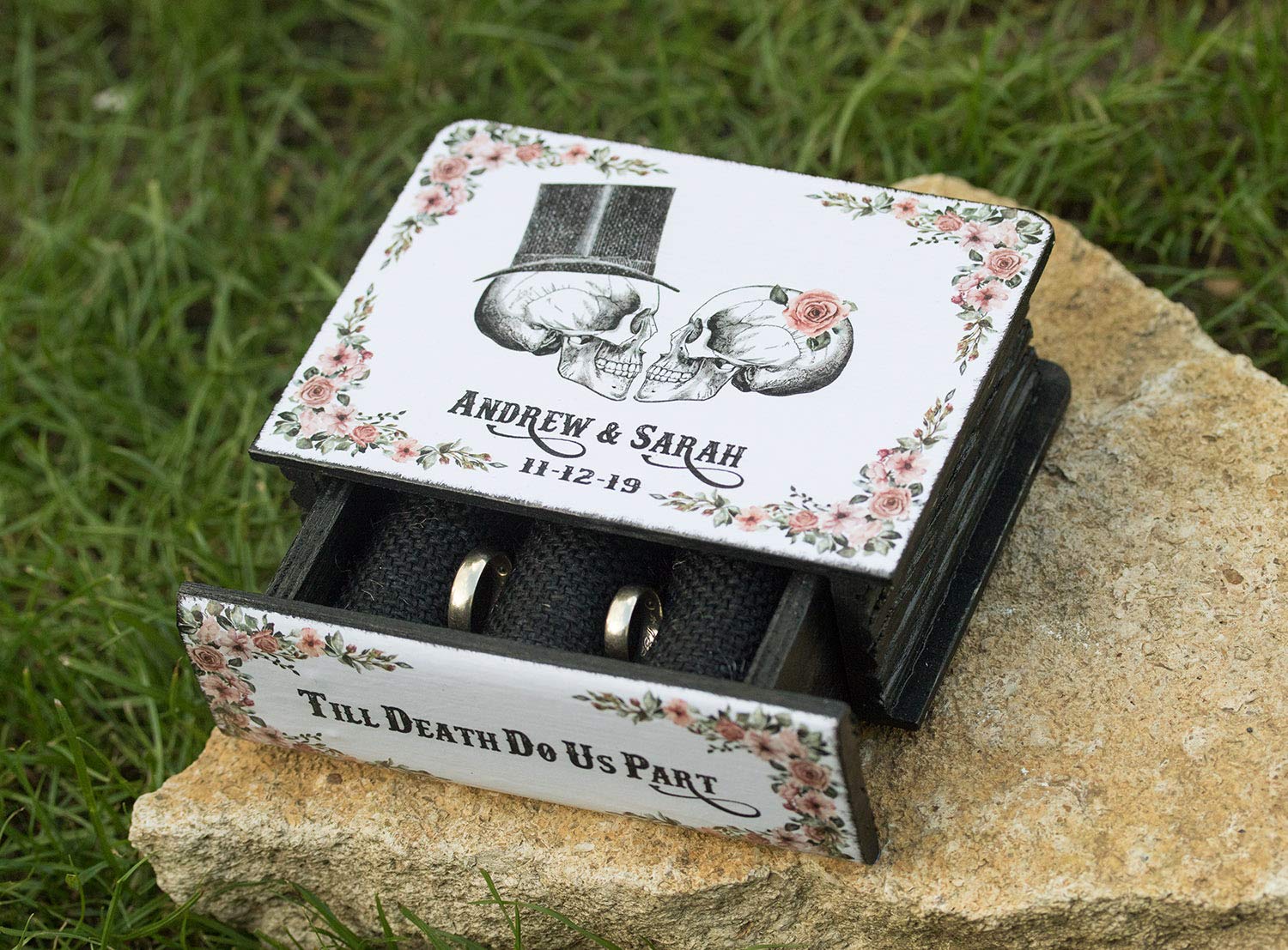 Gothic Skull Ring Box - Personalized Black Wedding Ring Holder for Halloween, Day of the Dead & Gothic Weddings - Unique Engagement Ring Box for Dark Romance & Alternative Couples