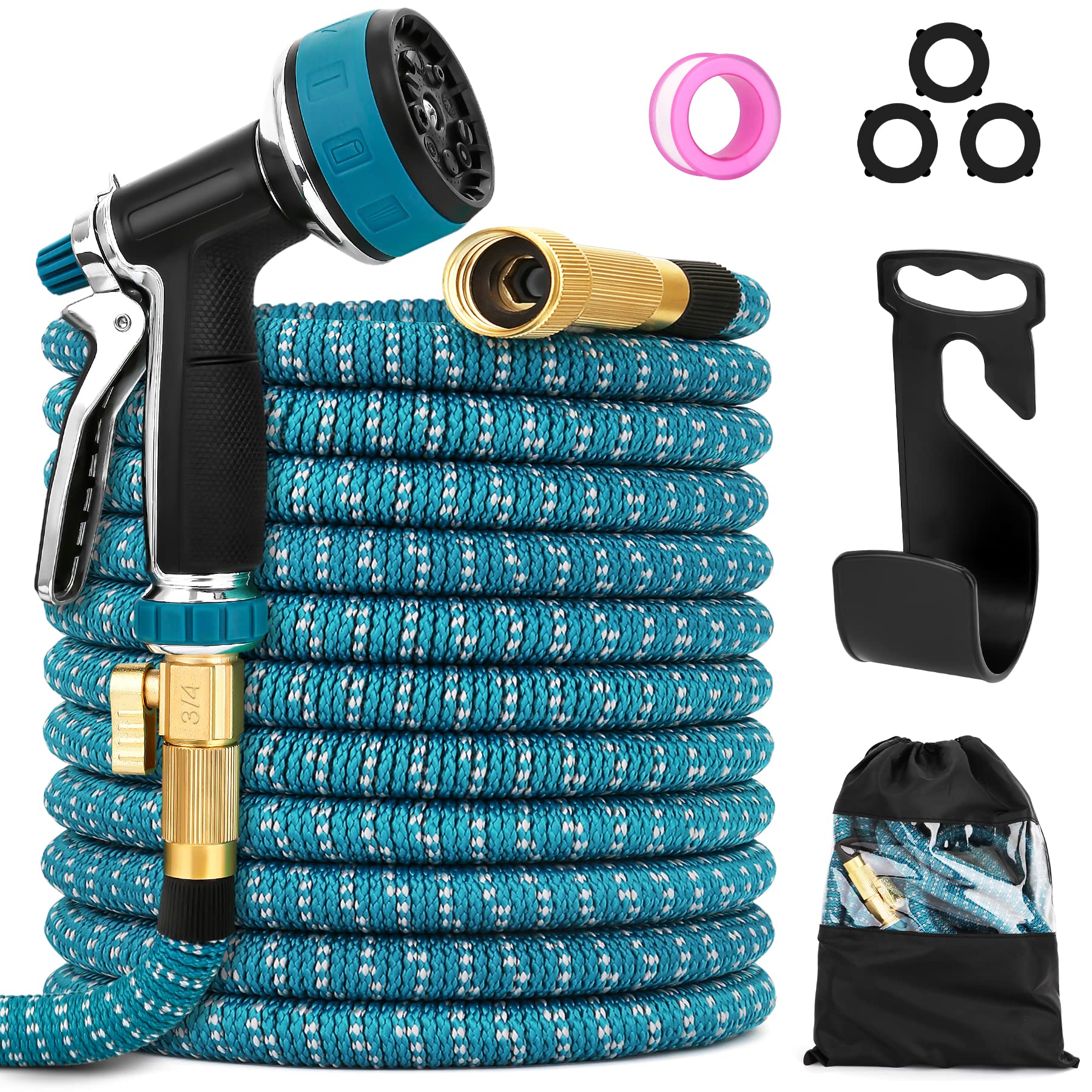 Zology 50 FT Expandable Garden Hose with 10 Function Nozzle - Durable 3750D Fabric, No-Kink Leakproof Design, 3/4 Inch Solid Brass Fittings & 4 Layers Latex - Perfect for Watering Plants, Washing Cars, and Outdoor Cleaning