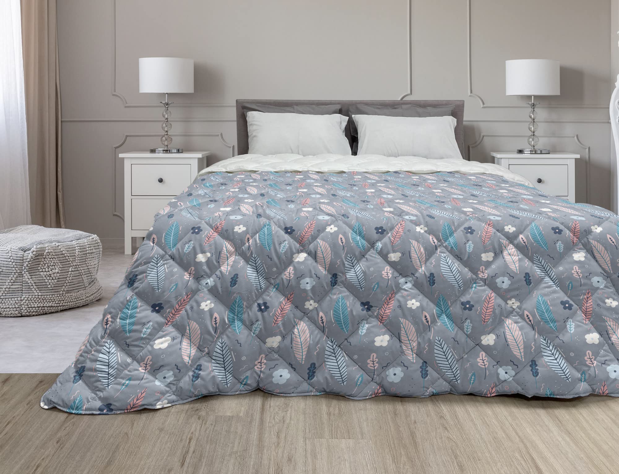 Ambesonne Botany Down Alternative Comforter - Twin Size Abstract Pastel Floral Design with Leaves & Wavy Lines | All-Season Microfiber Quilt in Blue Grey Multicolor | Perfect for Bedroom Decor, Guest Room & Cozy Home Styling